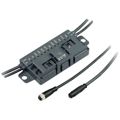 Dispositivo elettronico con multiple porte e indicatori LED sul lato frontale. Due cavi sono collegati, uno dei quali privo di spina.