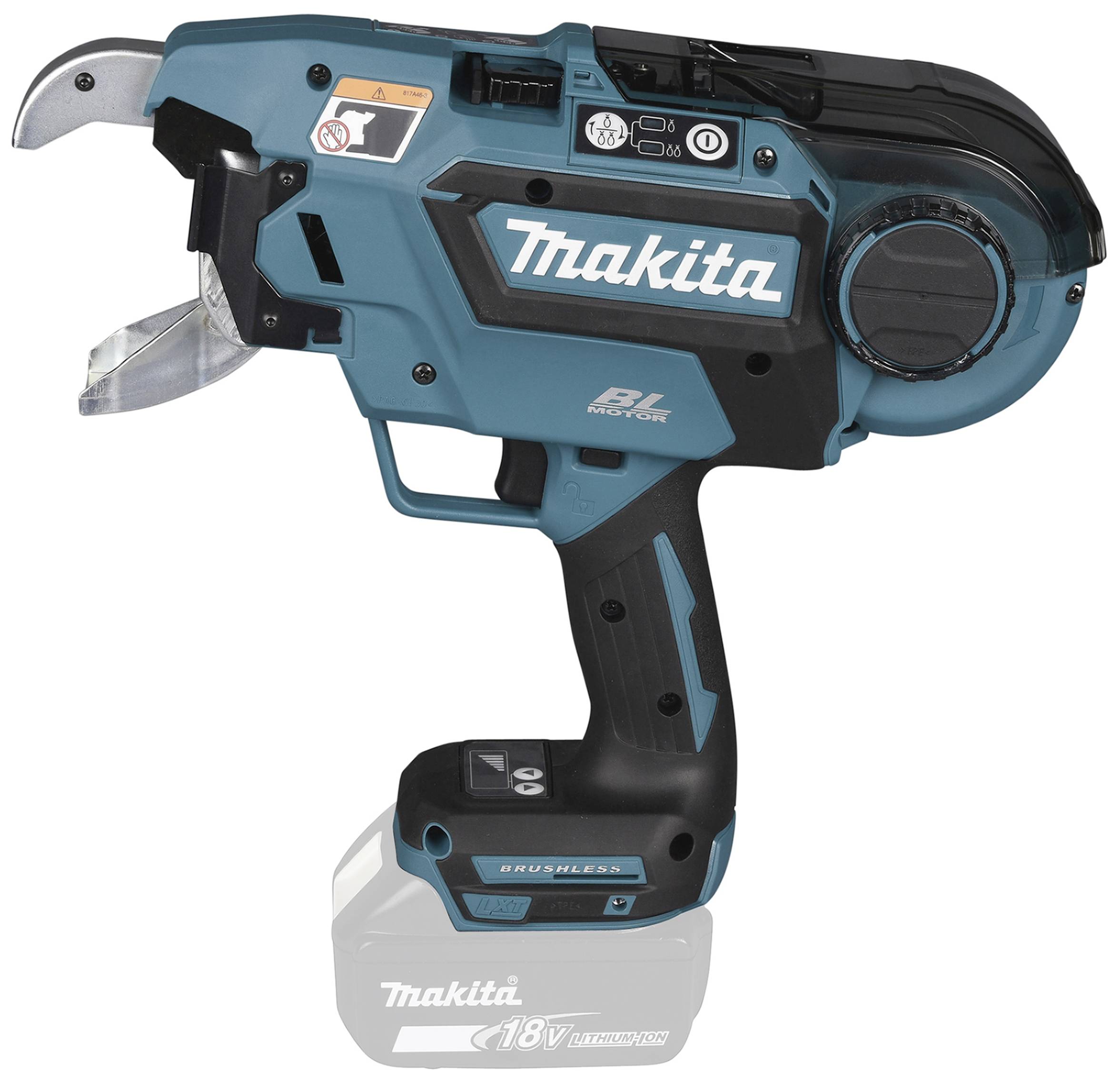 Tagliacarton a batteria in turchese con impugnatura nera, compatto, del marchio 'Makita', utilizzato per tagliare materiali cartacei in modo efficiente.