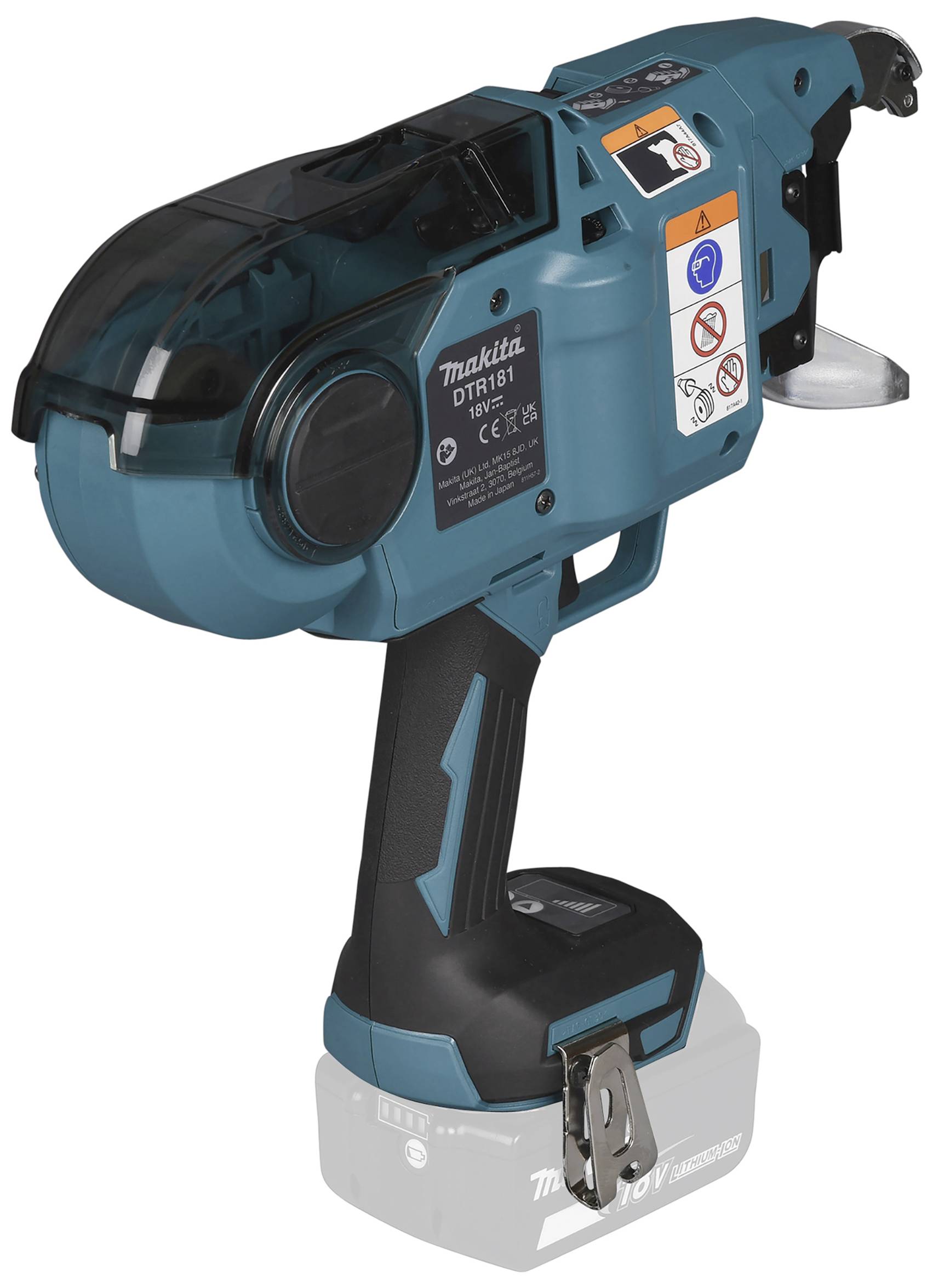 Un dispositivo manuale blu per legare l'acciaio per armature, portatile con impugnatura ergonomica e diversi avvisi di sicurezza sul lato.