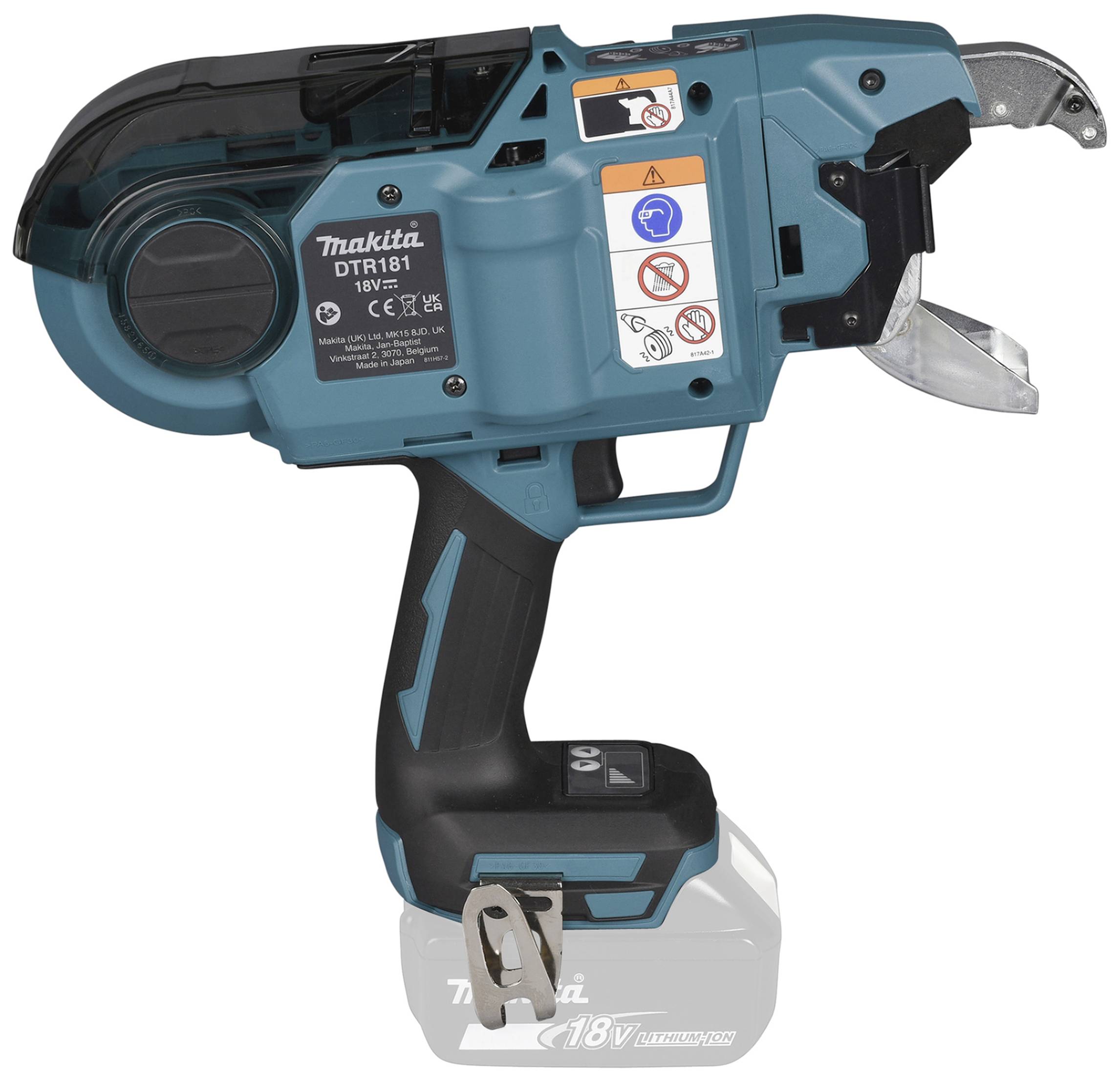 Un utensile elettrico cordless blu e nero di Makita, modello DTR181, con adesivi di sicurezza e impugnatura ergonomica.