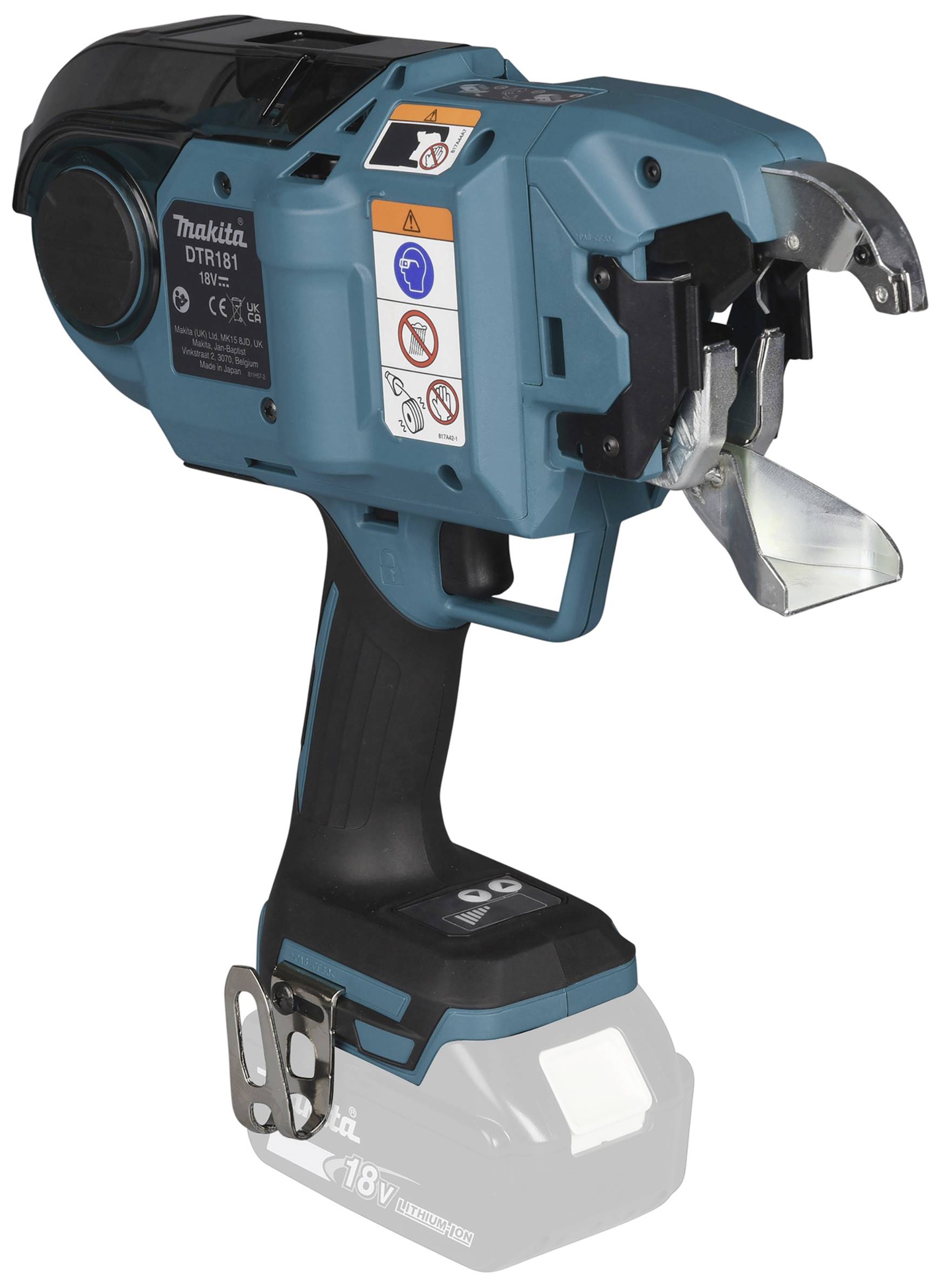 Utensile elettrico con involucro blu, adatto per legare barre di acciaio per cemento armato. Dotato di adesivi di sicurezza e impugnatura.