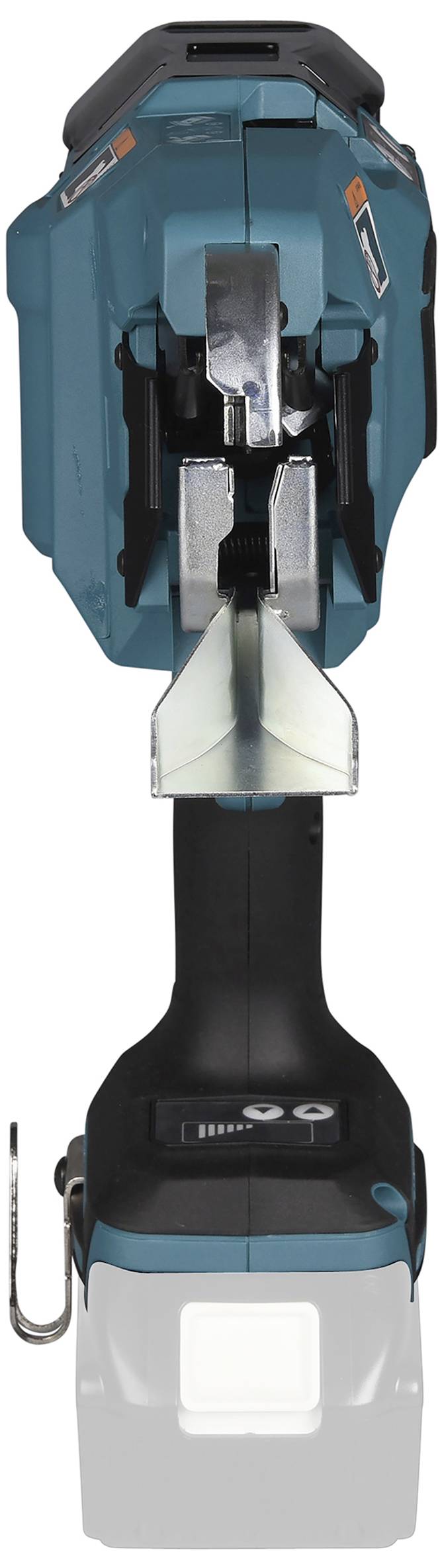 Un dispositivo da taglio elettrico blu-nero con lama in metallo e impugnatura, presumibilmente uno strumento per lavori di taglio di precisione.