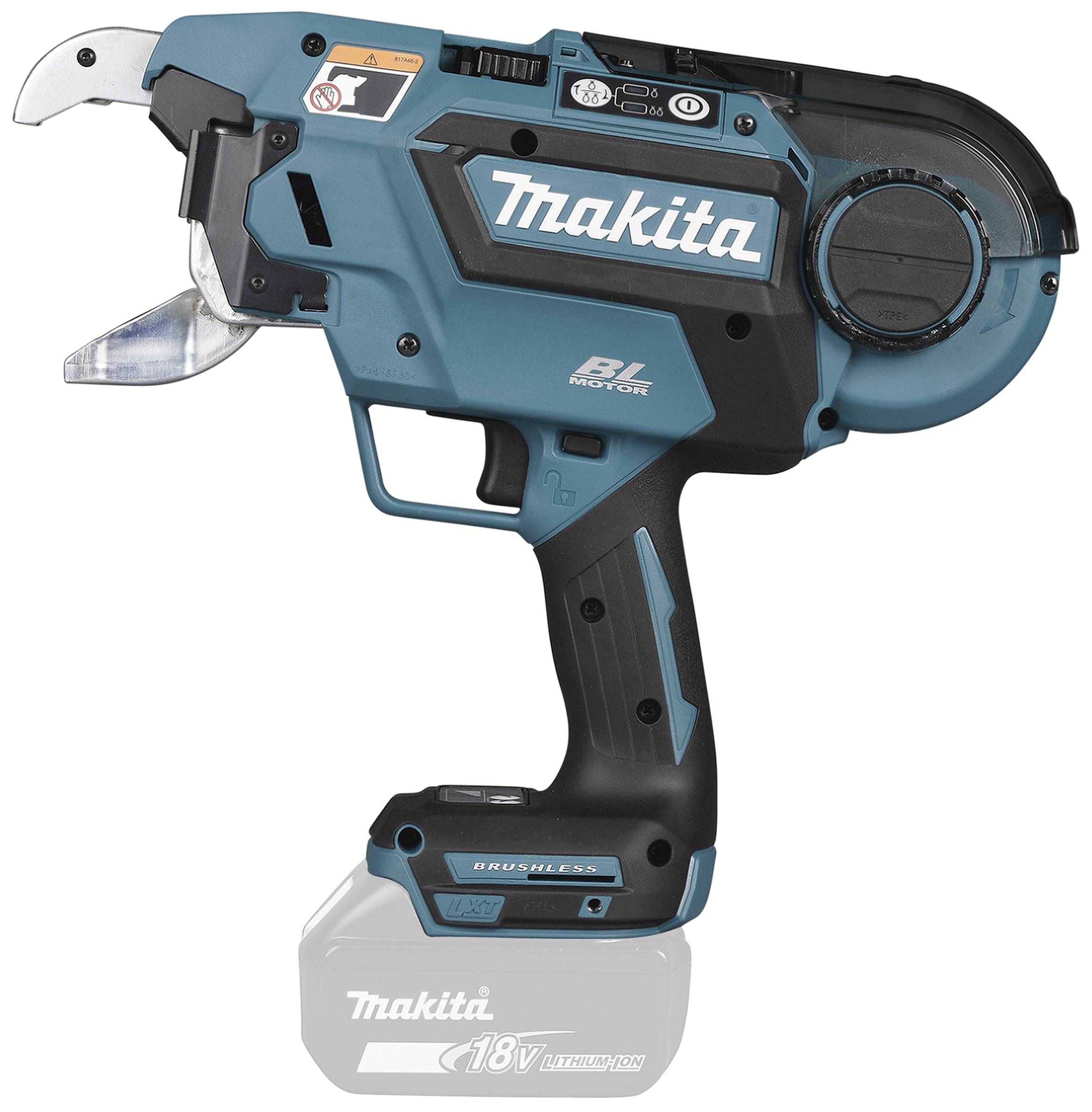 Un utensile cordless Makita blu-nero con impugnatura ergonomica e batteria, utilizzato per applicazioni professionali.