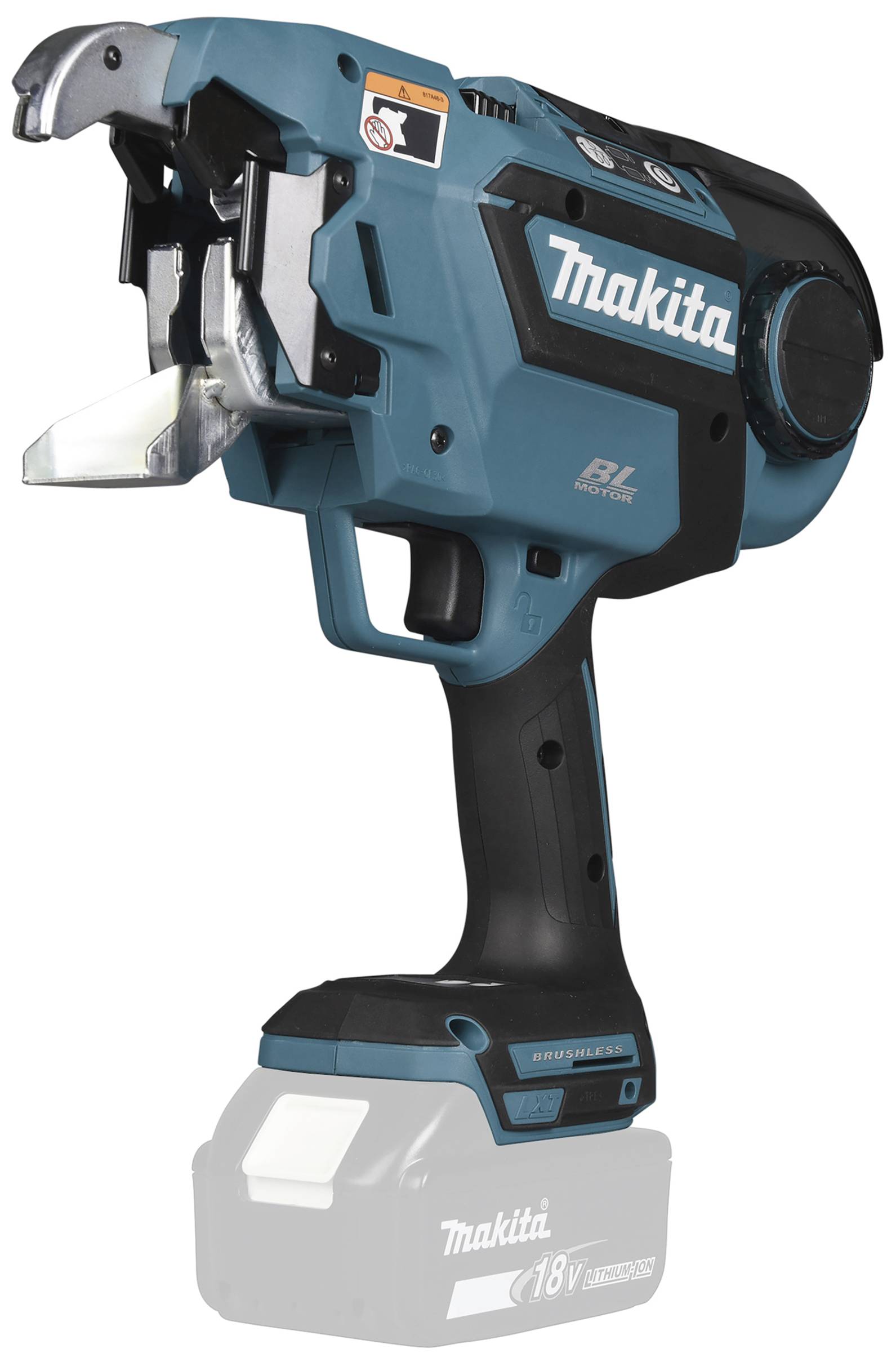 Un utensile elettrico Makita, cordless e blu-nero, con impugnatura ergonomica e ampio raggio di taglio, vano batteria nella parte inferiore.