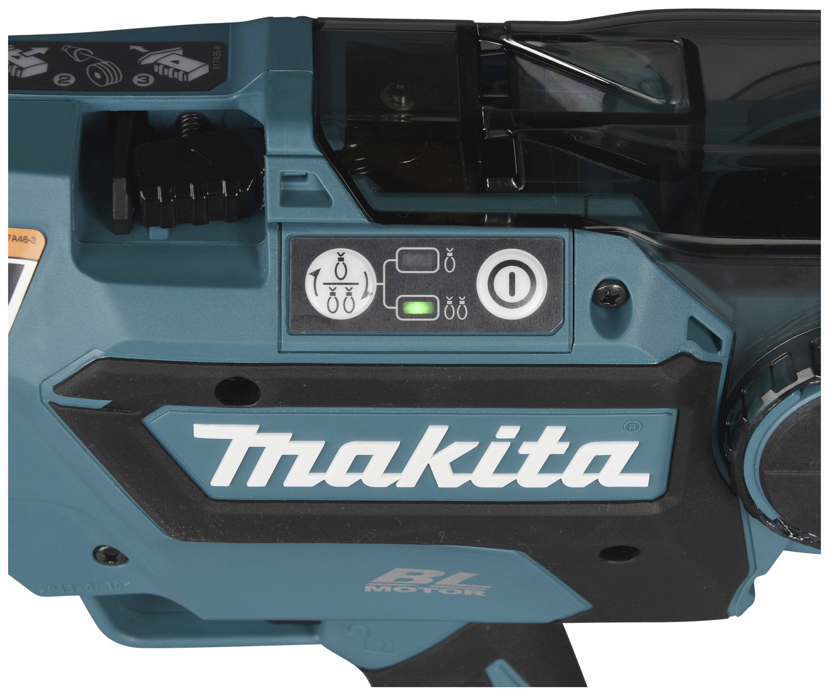 Un utensile in turchese con la scritta 'Makita' e pulsanti di controllo. Un simbolo mostra una funzione a tre livelli.