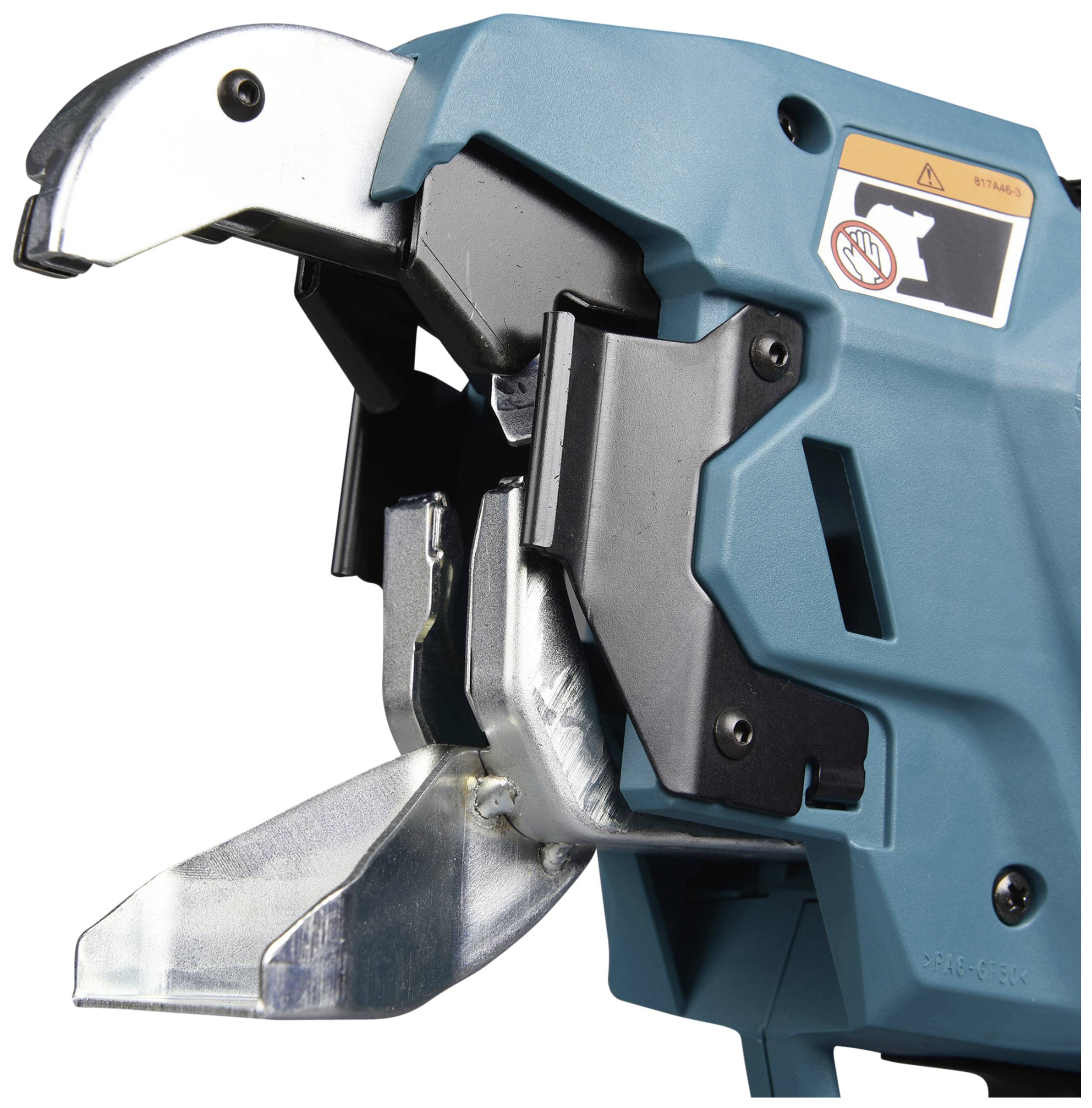 Un primo piano di un attrezzo metallico blu con una grande pinza. In alto è presente un simbolo di avvertenza di sicurezza.