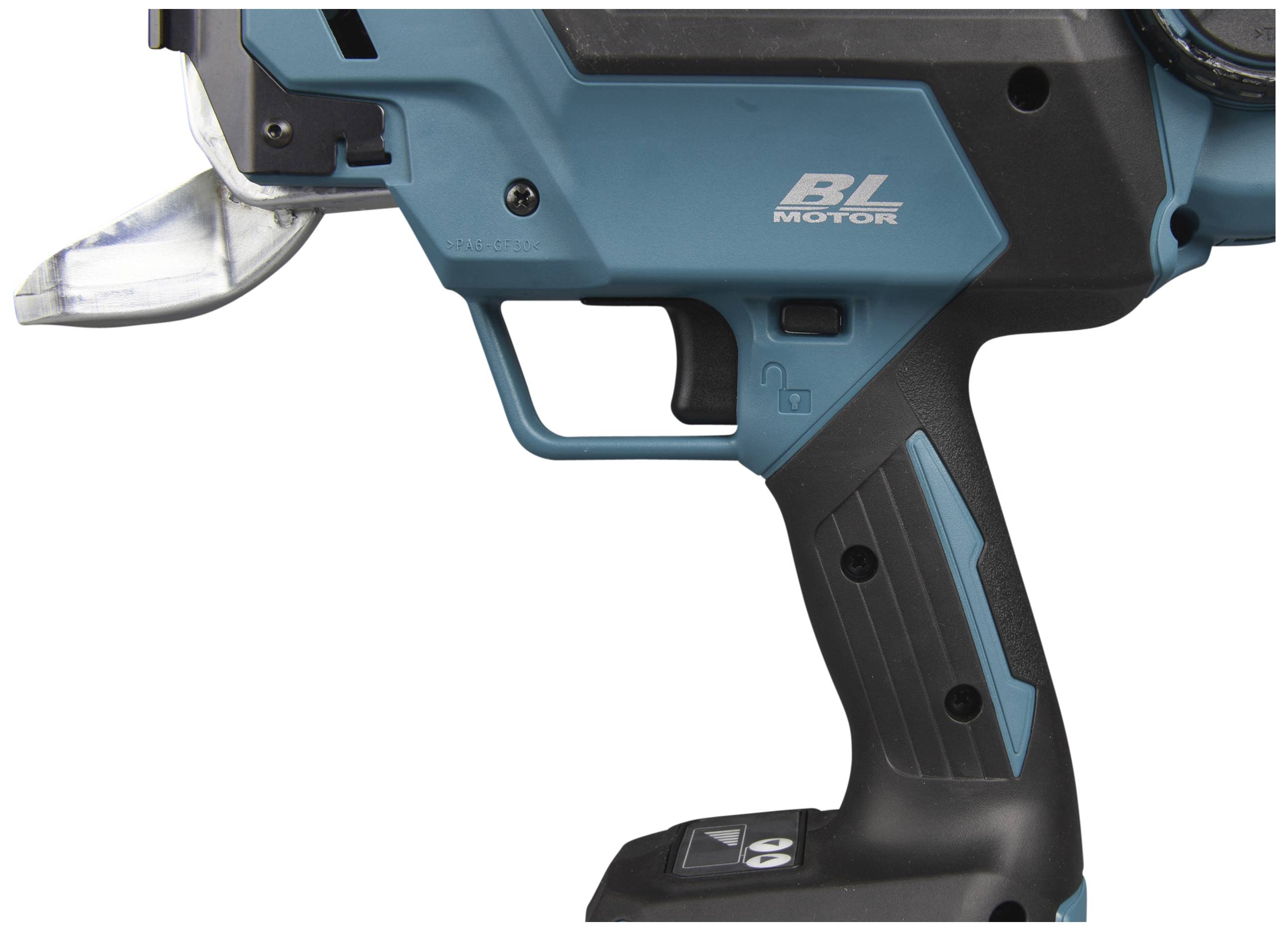 Primo piano di un utensile elettrico blu con impugnatura nera, su cui è scritto 'Motore BL'.