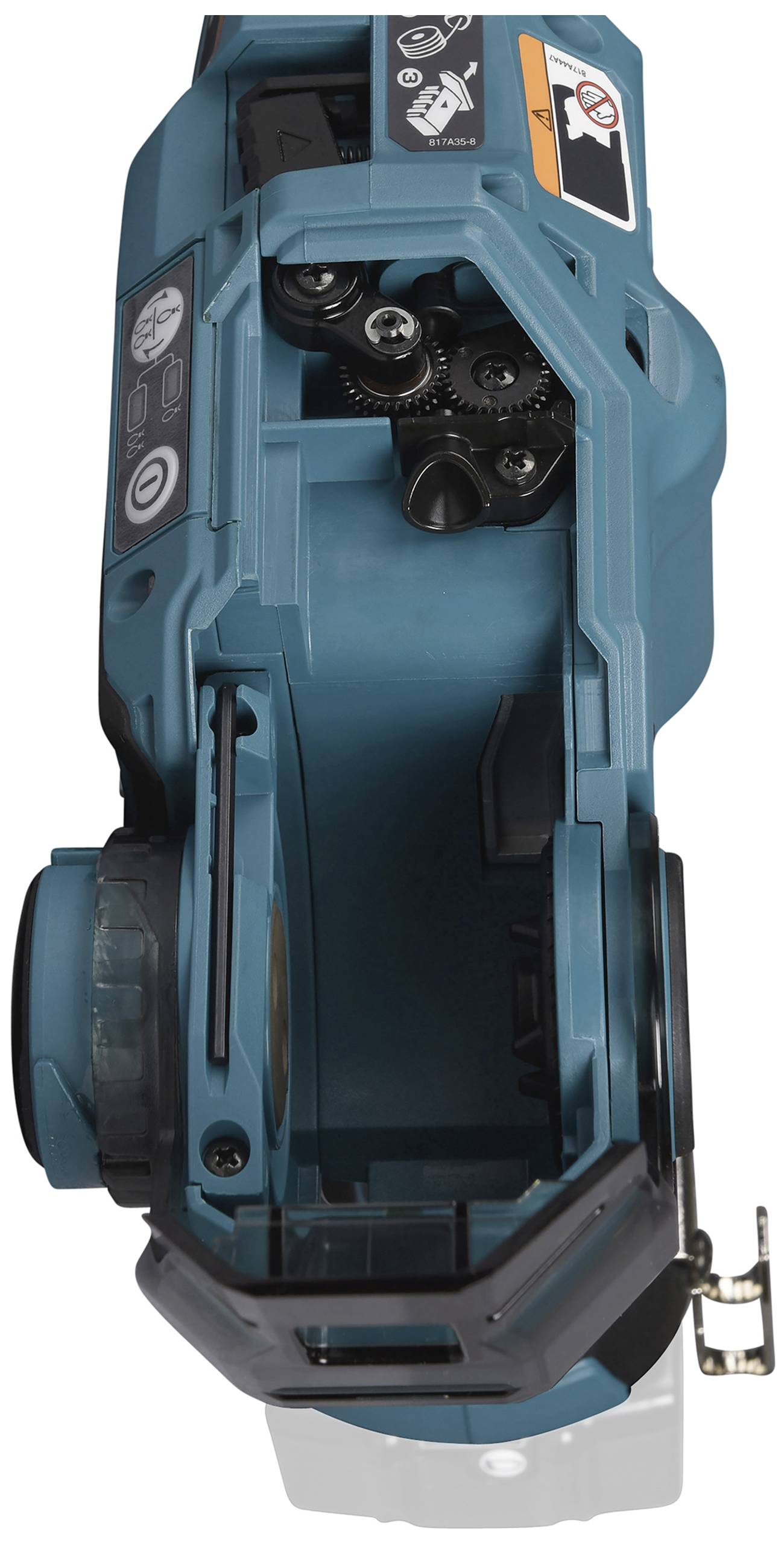 Un utensile elettrico manuale con involucro aperto che mostra ingranaggi e pulsanti di controllo. Simboli di sicurezza e funzionali visibili.