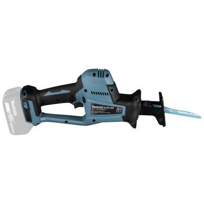 Un seghetto alternativo Makita blu con impugnatura nera e vista del marchio, vano batteria visibile a sinistra.