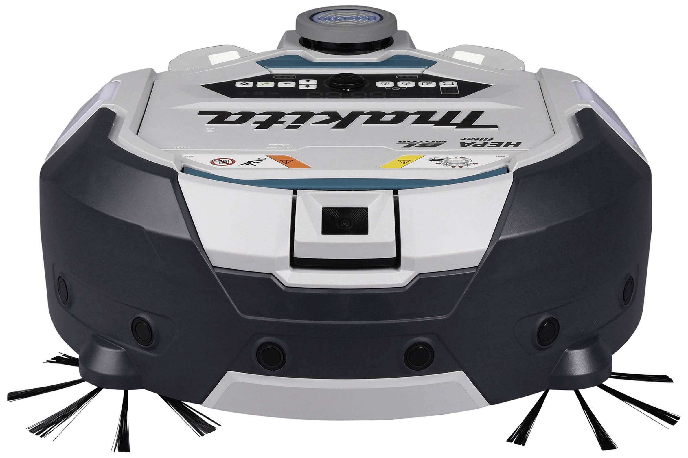 Un aspirapolvere robot su sfondo bianco con involucro nero e grigio, che mostra la vista frontale con spazzole e sensori.