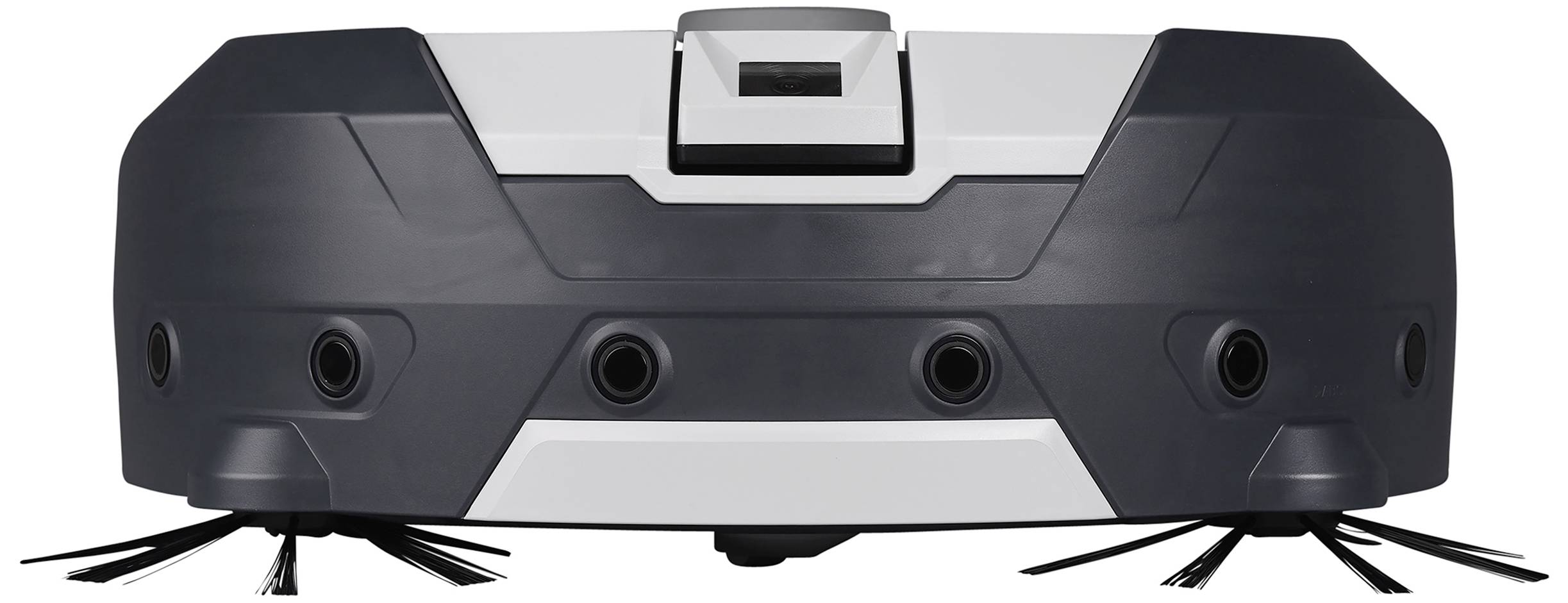 Un aspirapolvere robot nero e grigio con spazzole sul lato inferiore, utilizzato per la pulizia dei pavimenti.