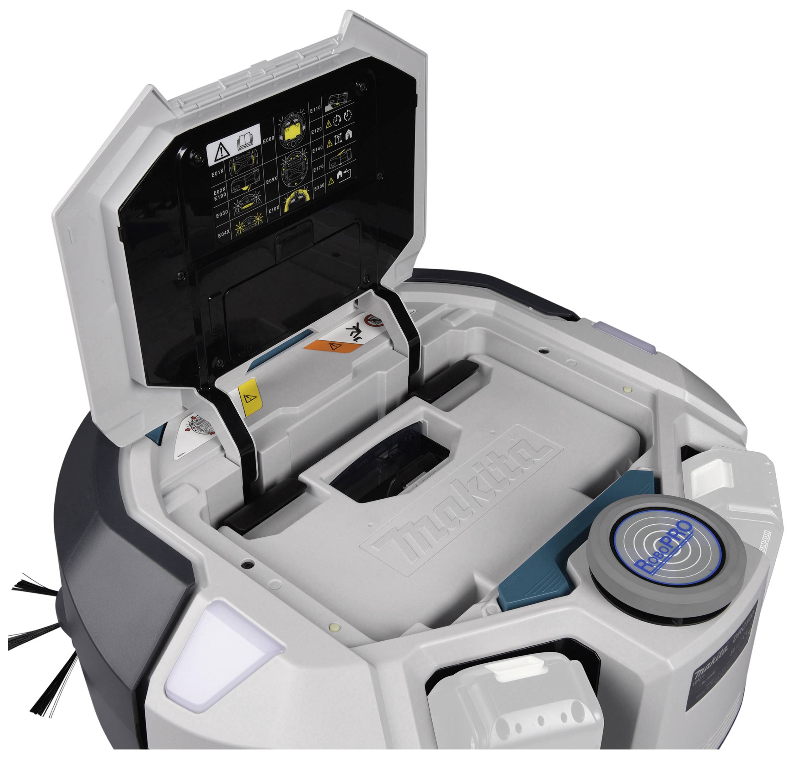 Un robot aspirapolvere con il coperchio aperto mostra l'interno con un contenitore della polvere estraibile e indicazioni per l'uso all'interno del coperchio.