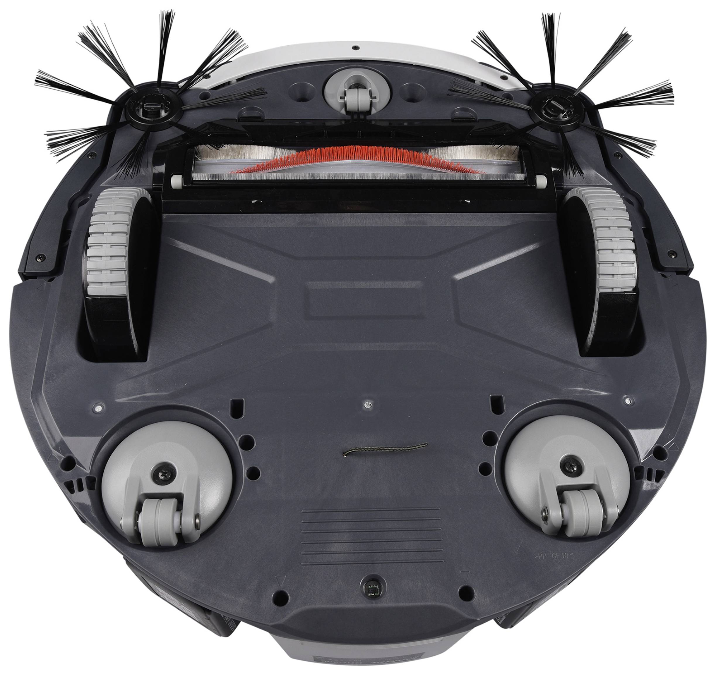 Un robot aspirapolvere visto dal basso: vista su spazzole, ruote e sensori utilizzati per aspirare e navigare.