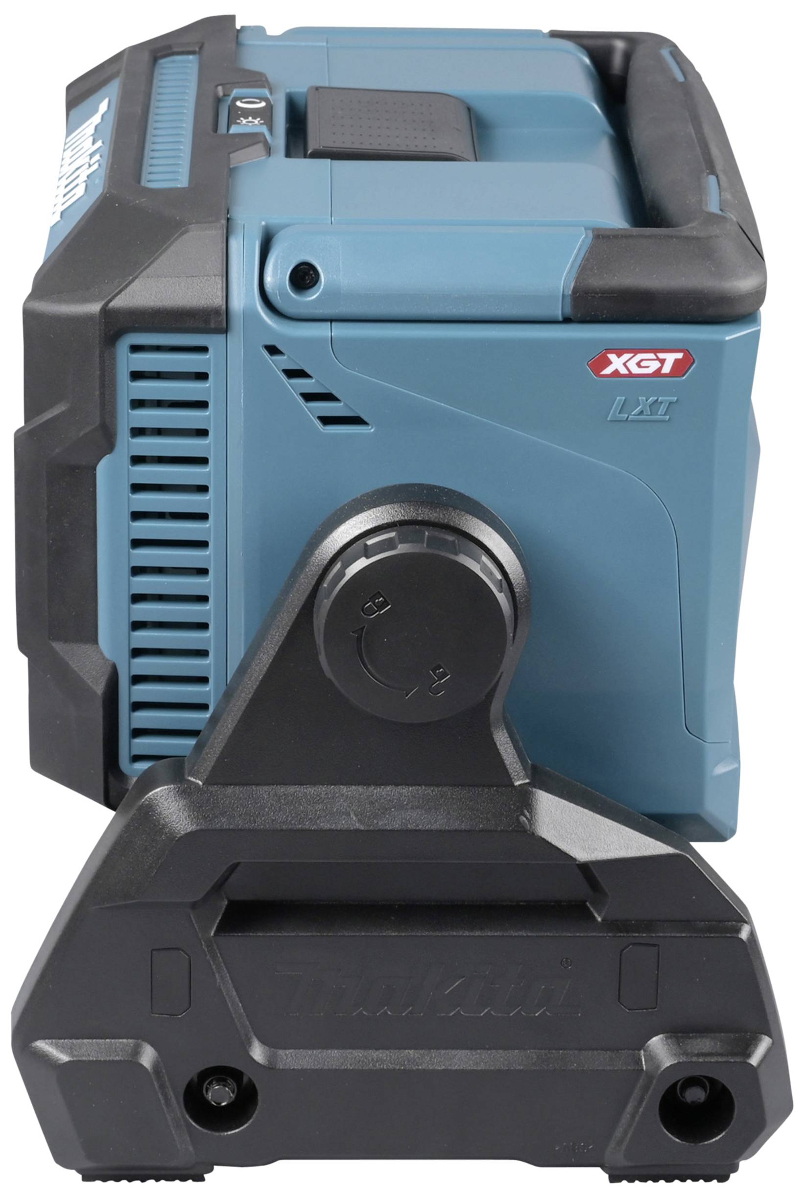 Macchina portatile blu con batteria, vista laterale con impugnatura. Nome del marchio visibile sulla custodia. Adatta per l'uso degli attrezzi.