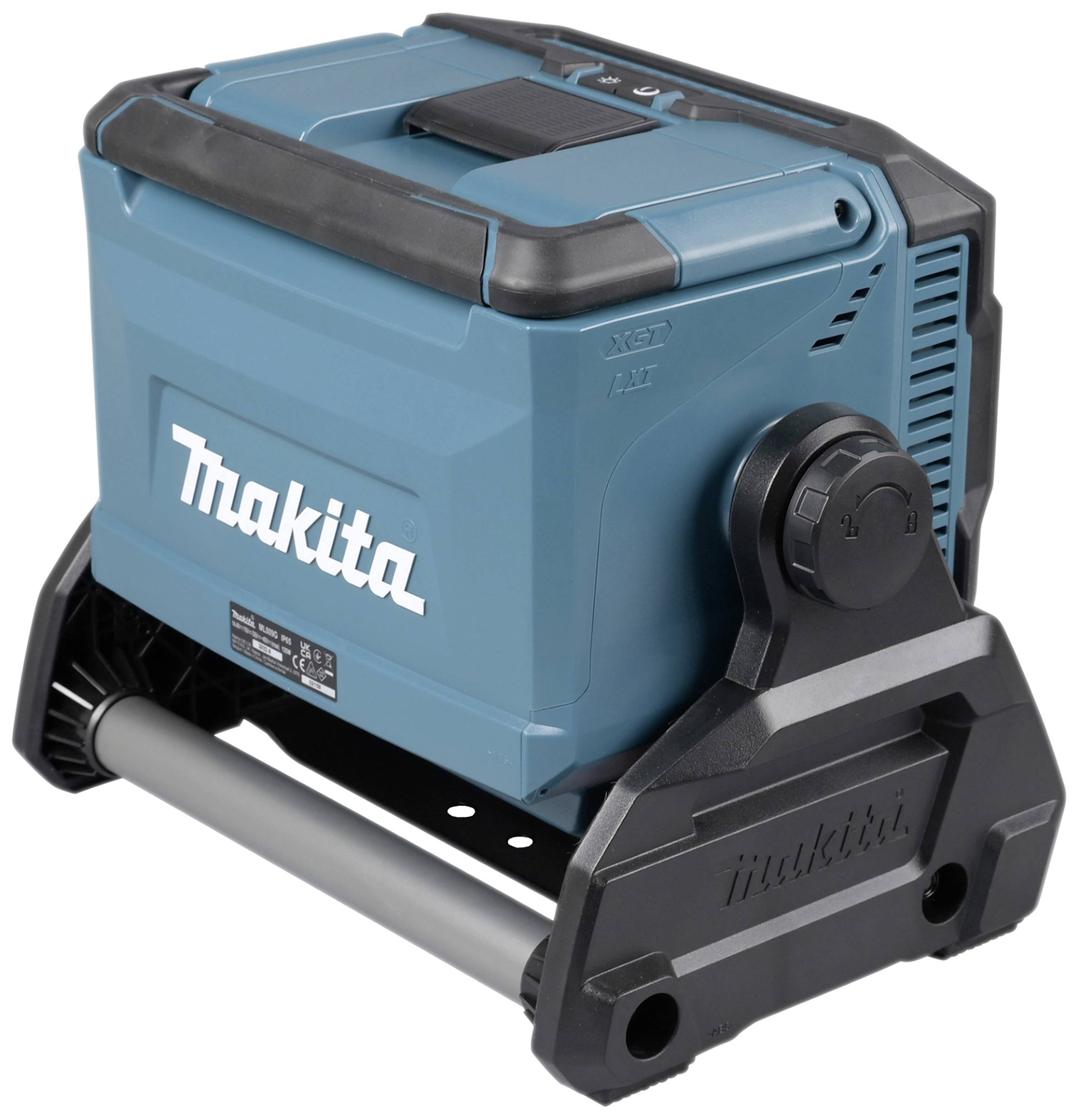 Un aspirapolvere mobile blu con manico nero e ruote, prodotto da Makita.