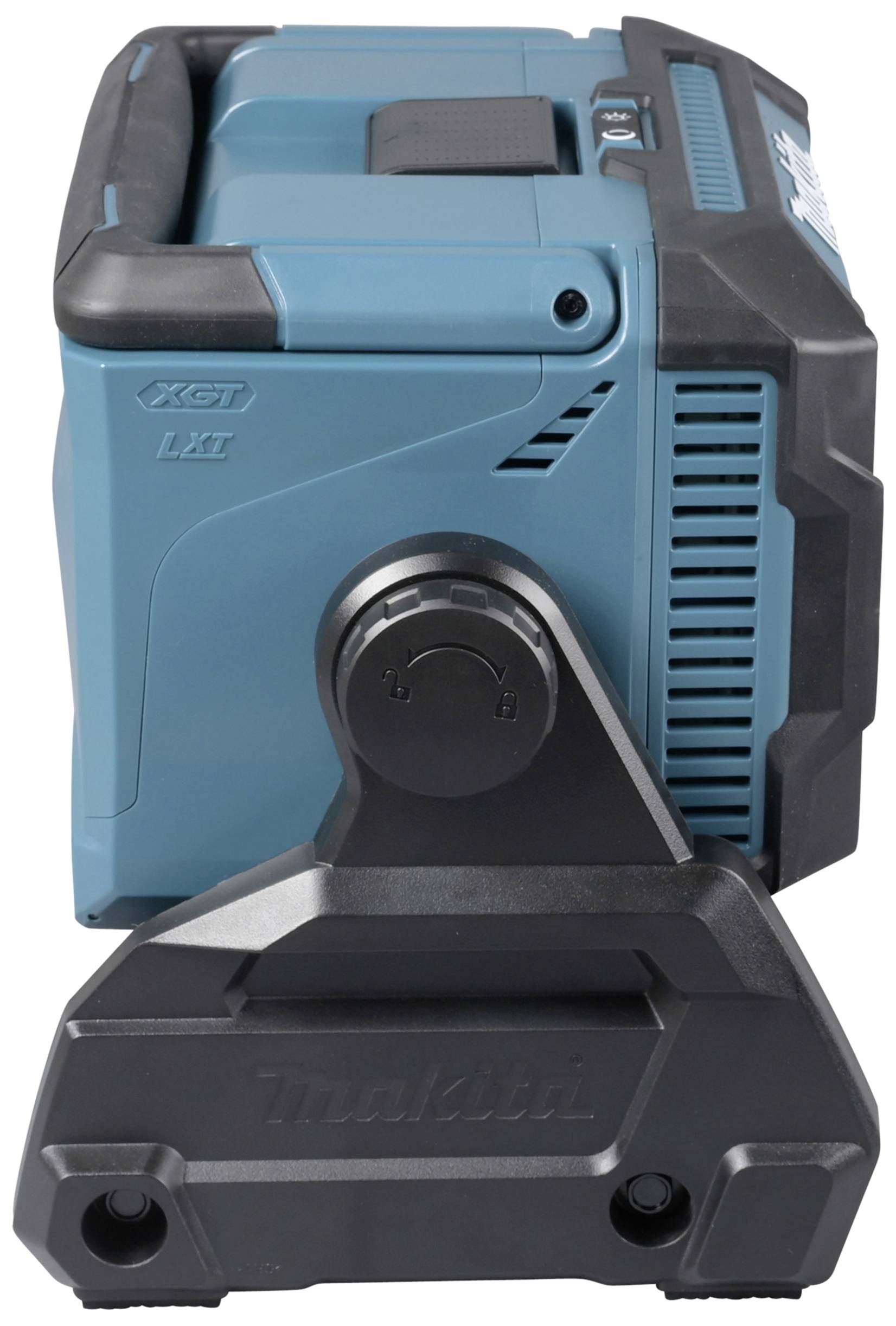 Un dispositivo elettronico portatile blu-nero con un manico e fessure di ventilazione sul lato.