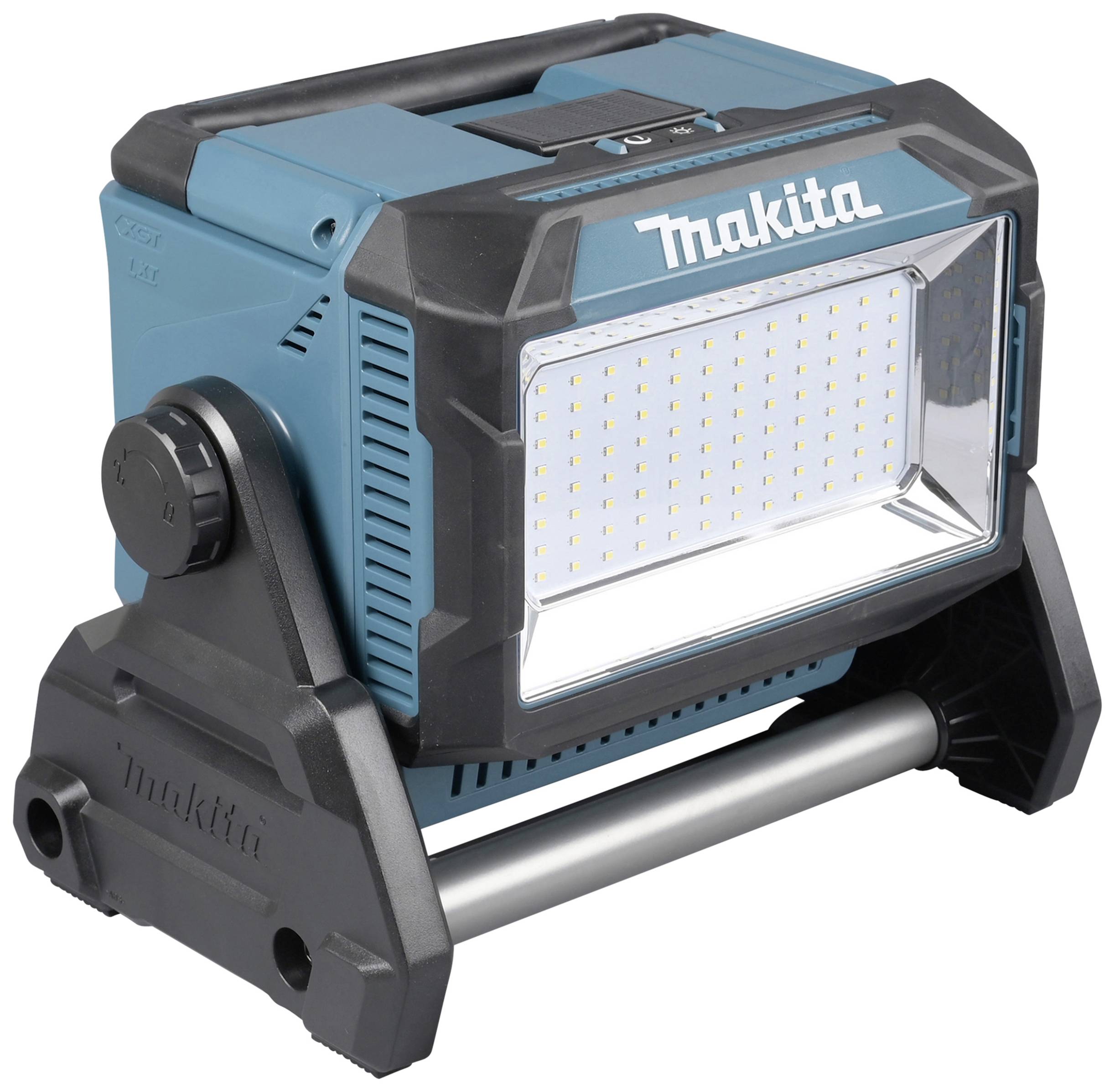 Lampada da cantiere Makita, blu-nera, con base di supporto e pannello luminoso a LED, adatta per l'utilizzo professionale nei cantieri edili.