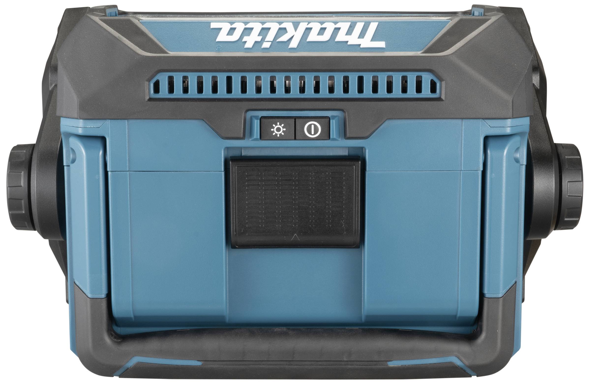 Altoparlante portatile blu per cantiere, con custodia nera e comandi sul lato frontale, con il nome del marchio visibile in alto.