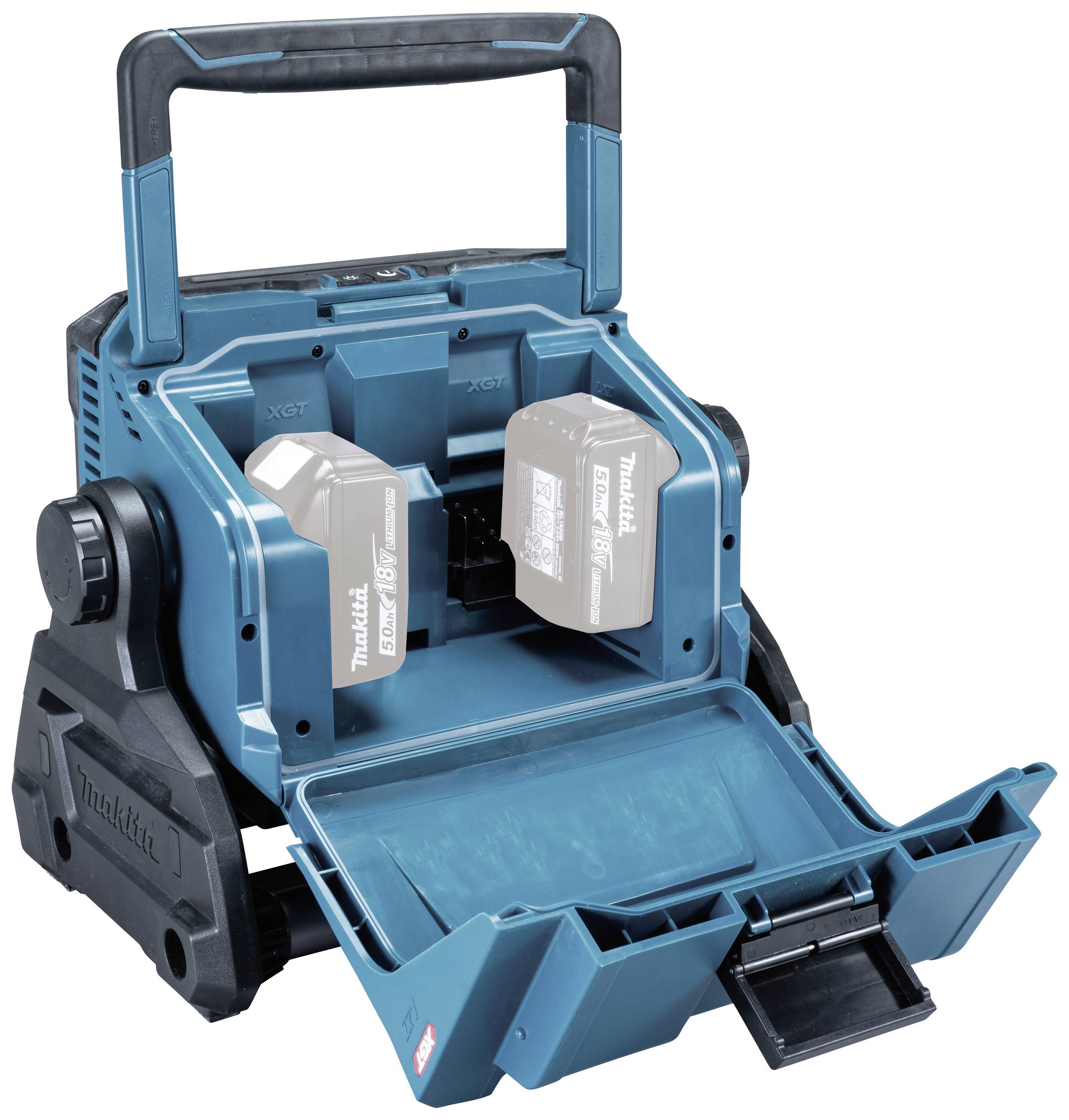 Ventilatore portatile blu a batteria con vano batterie aperto e due batterie inserite. Adatto per cantieri o lavori all'aperto.