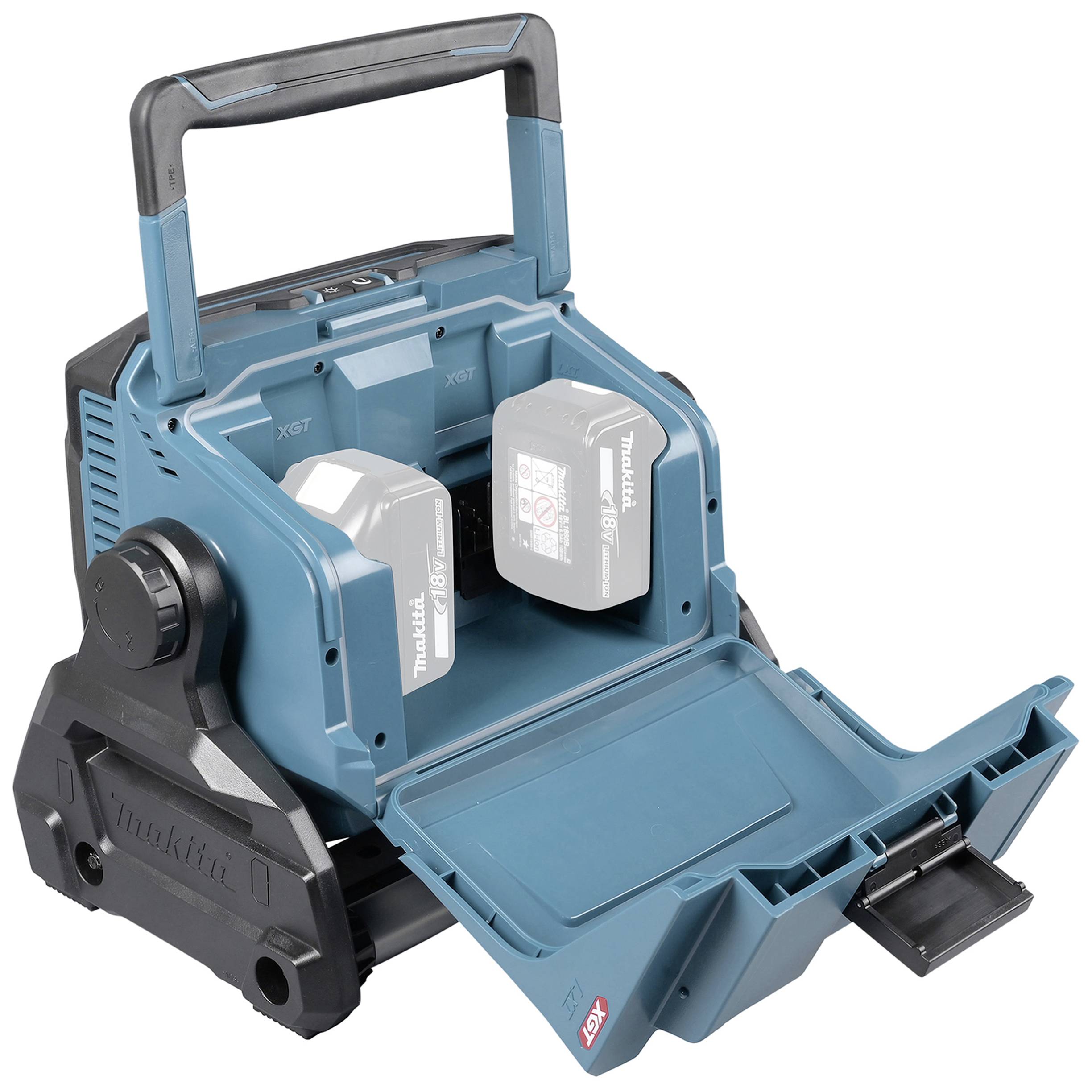 Un caricabatterie blu per utensili con scomparto aperto, che mostra due batterie inserite. Adatto per batterie XGT e LXT.