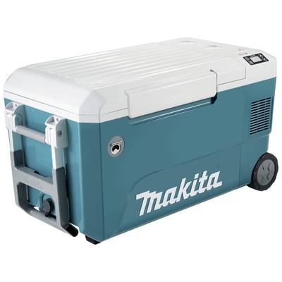 Un contenitore refrigerante portatile verde e bianco con la scritta 'Makita' sul lato. Ha delle ruote e un manico per trasportarlo.