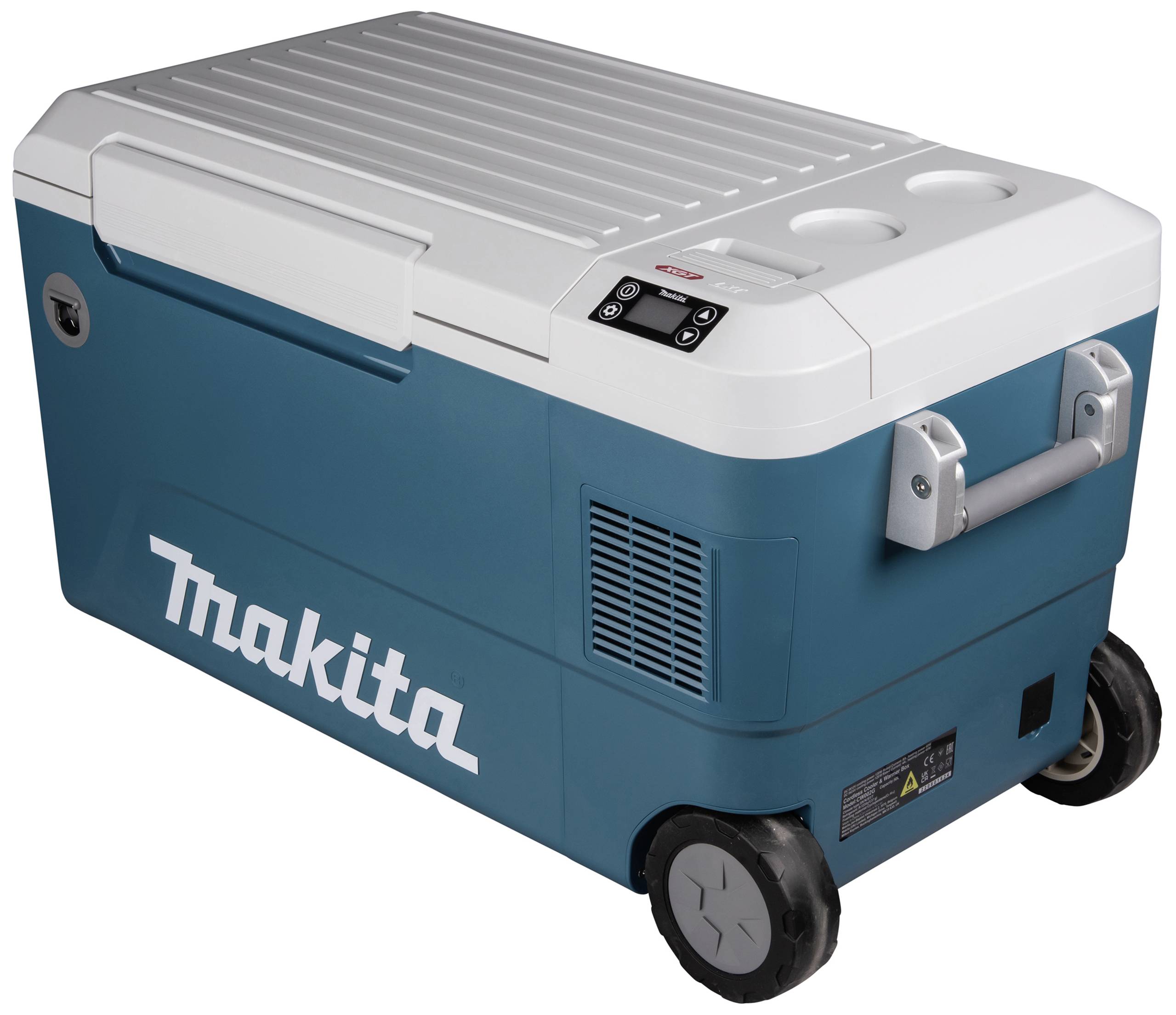 Un contenitore refrigerante blu con ruote e due portabevande sul coperchio. Il nome del marchio 'Makita' è visibile sul lato.