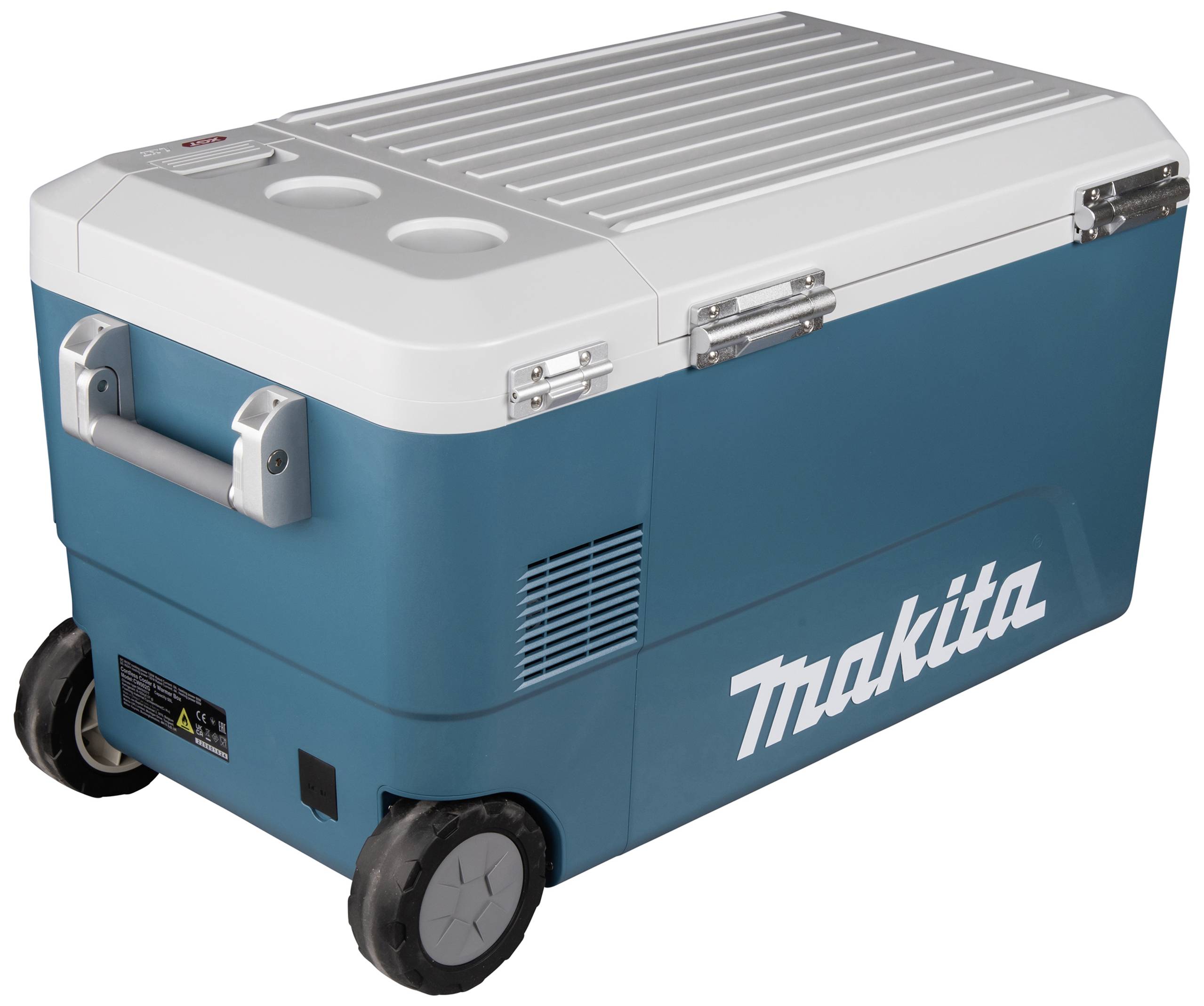 Frigo portatile Makita blu con ruote e impugnatura su un lato. Il coperchio ha due portabicchieri.