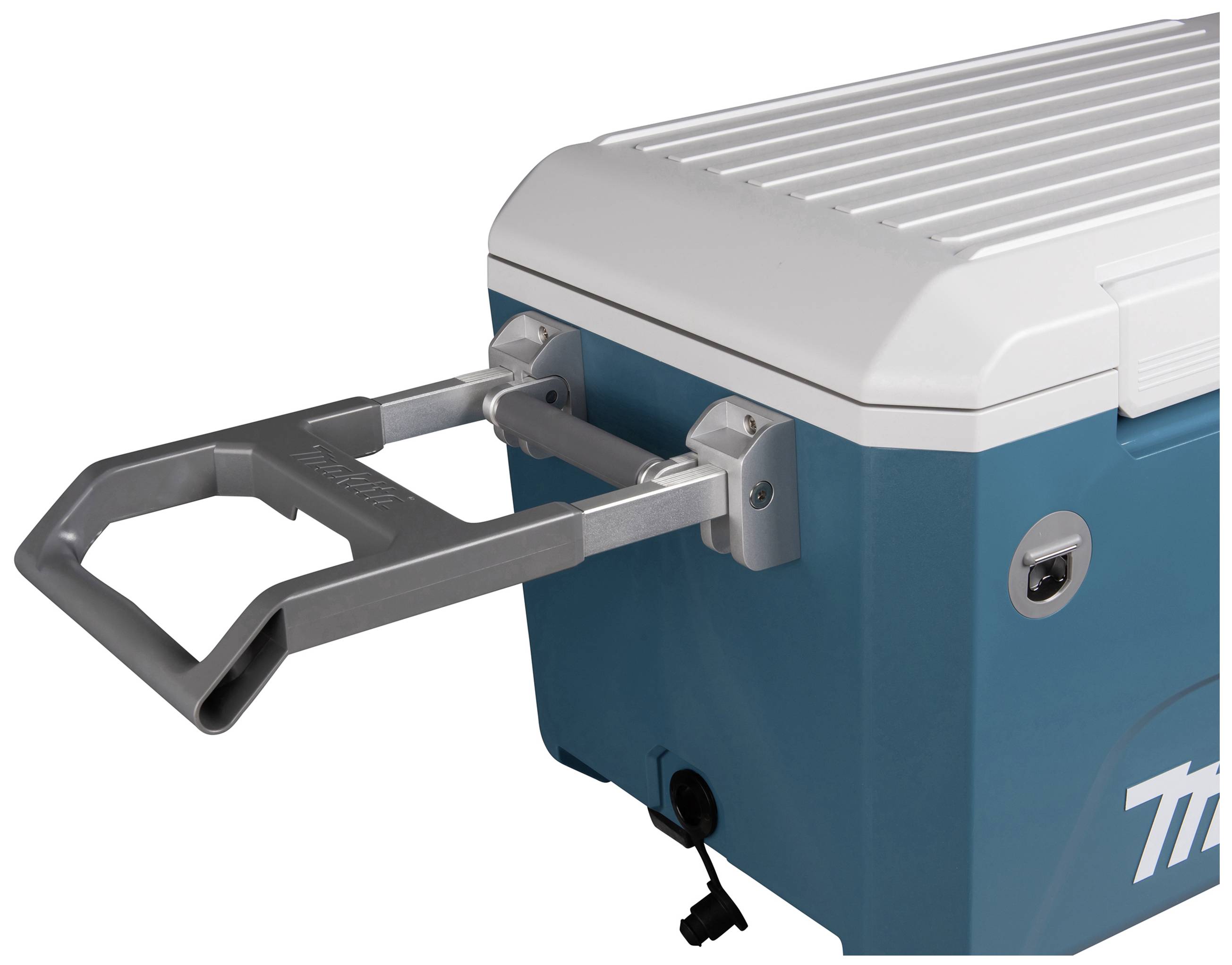 Contenitore frigo blu con manico grigio sul lato, progettato per un trasporto agevole.