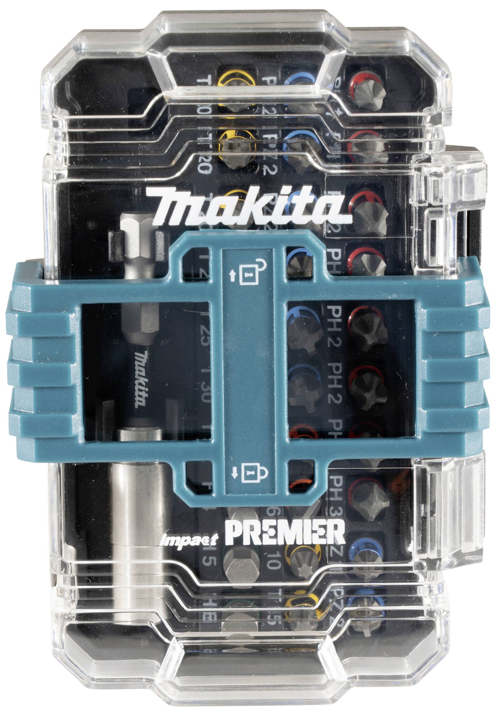 Una scatola di punte da trapano Makita con custodia trasparente, mostra diverse punte ordinate per dimensione e tipo, con chiusura color turchese.