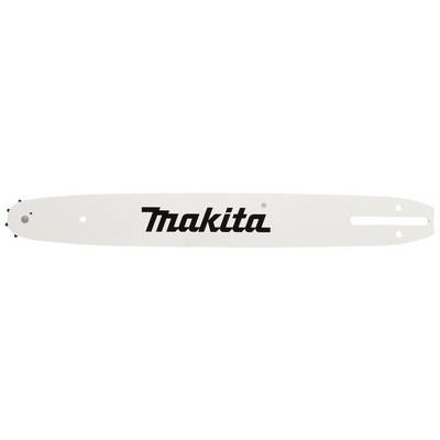 Spada per motosega con logo 'Makita', bianca, con fori di fissaggio e scanalatura di guida per la catena.
