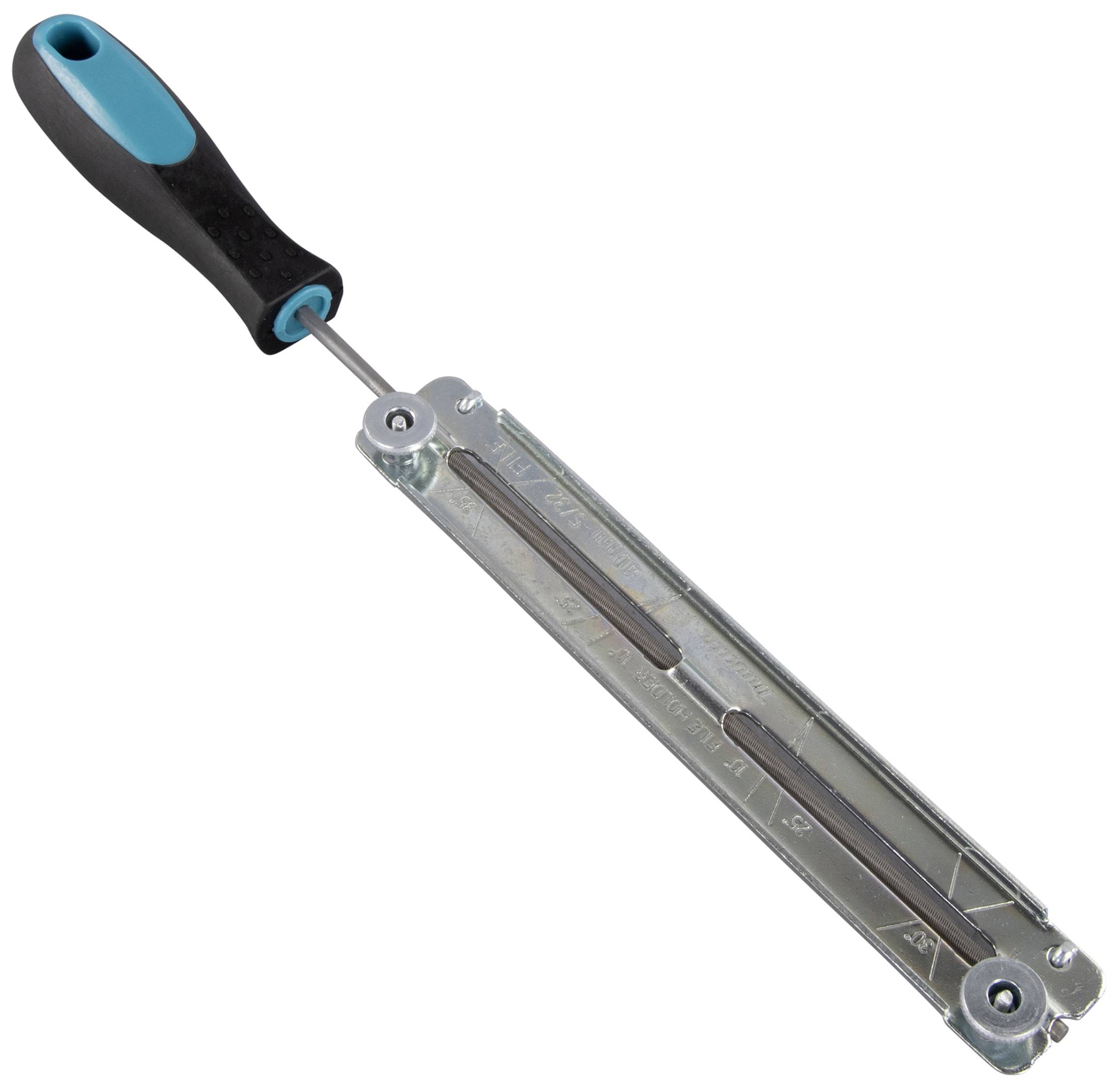 Utensile con impugnatura nera, asta metallica e bracci di serraggio regolabili; utilizzato per affilare le catene delle motoseghe.
