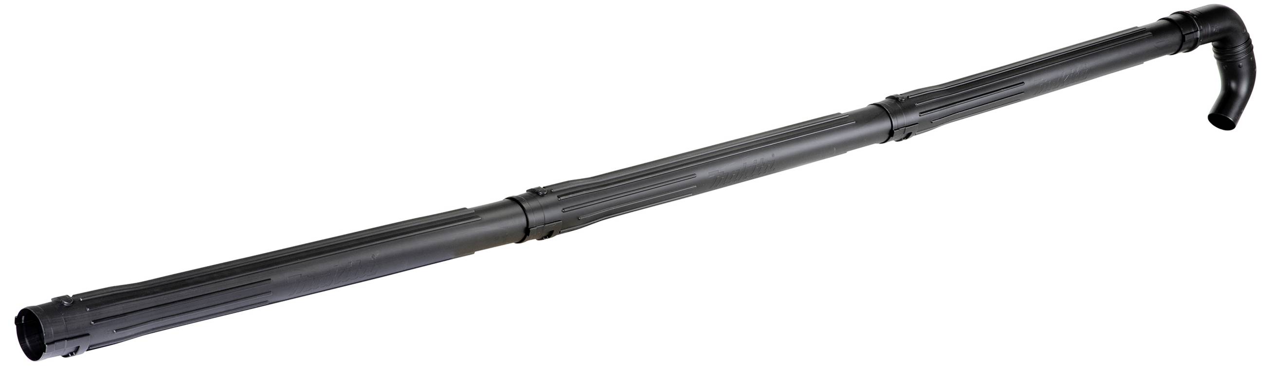 Un lungo tubo di prolunga nero e regolabile per aspirapolvere, con un'estremità curva, su uno sfondo bianco.