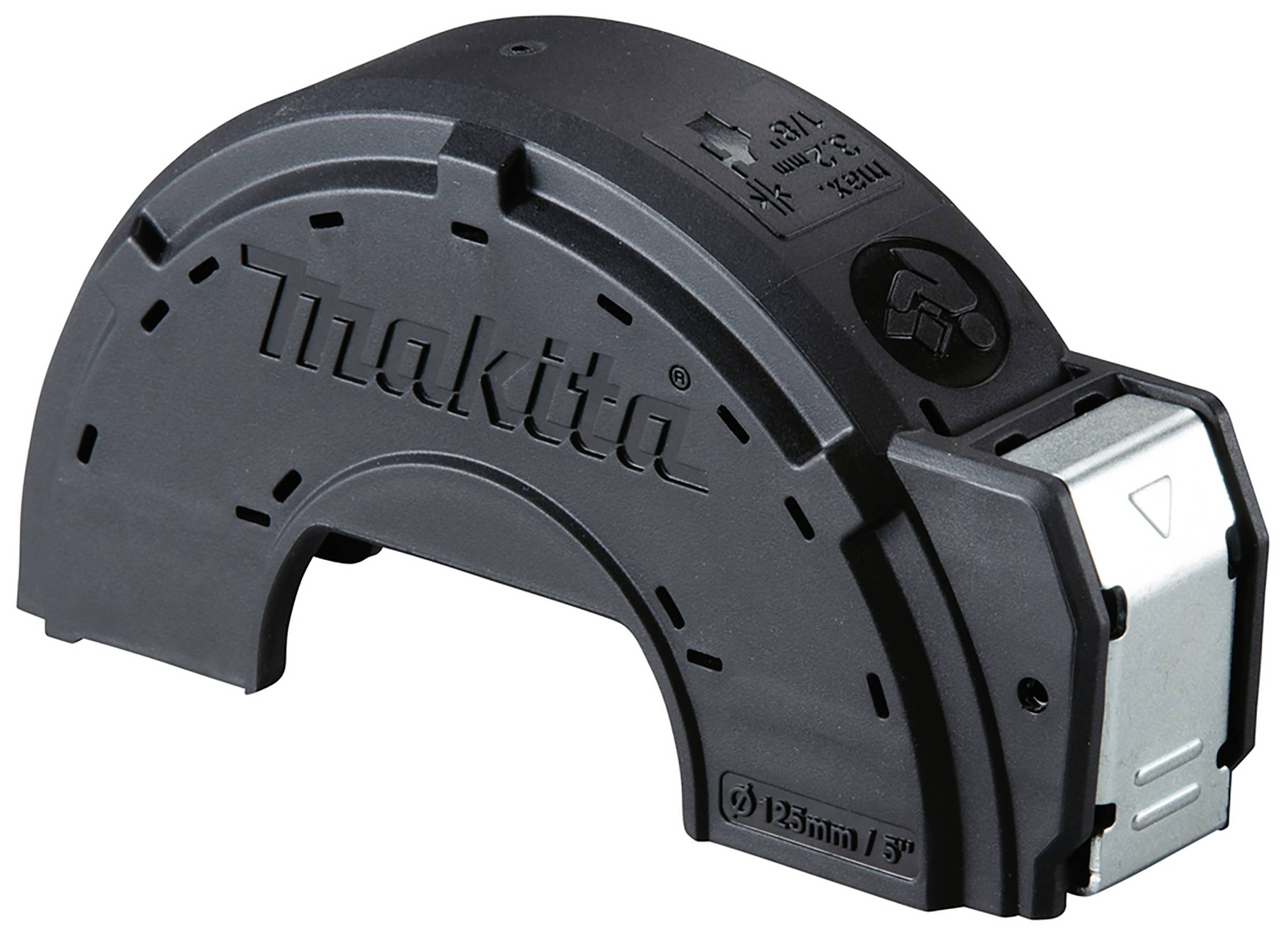 Copertura per smerigliatrice angolare, colore nero con nome del marchio e simboli. Adatta per dischi abrasivi da 125 mm.