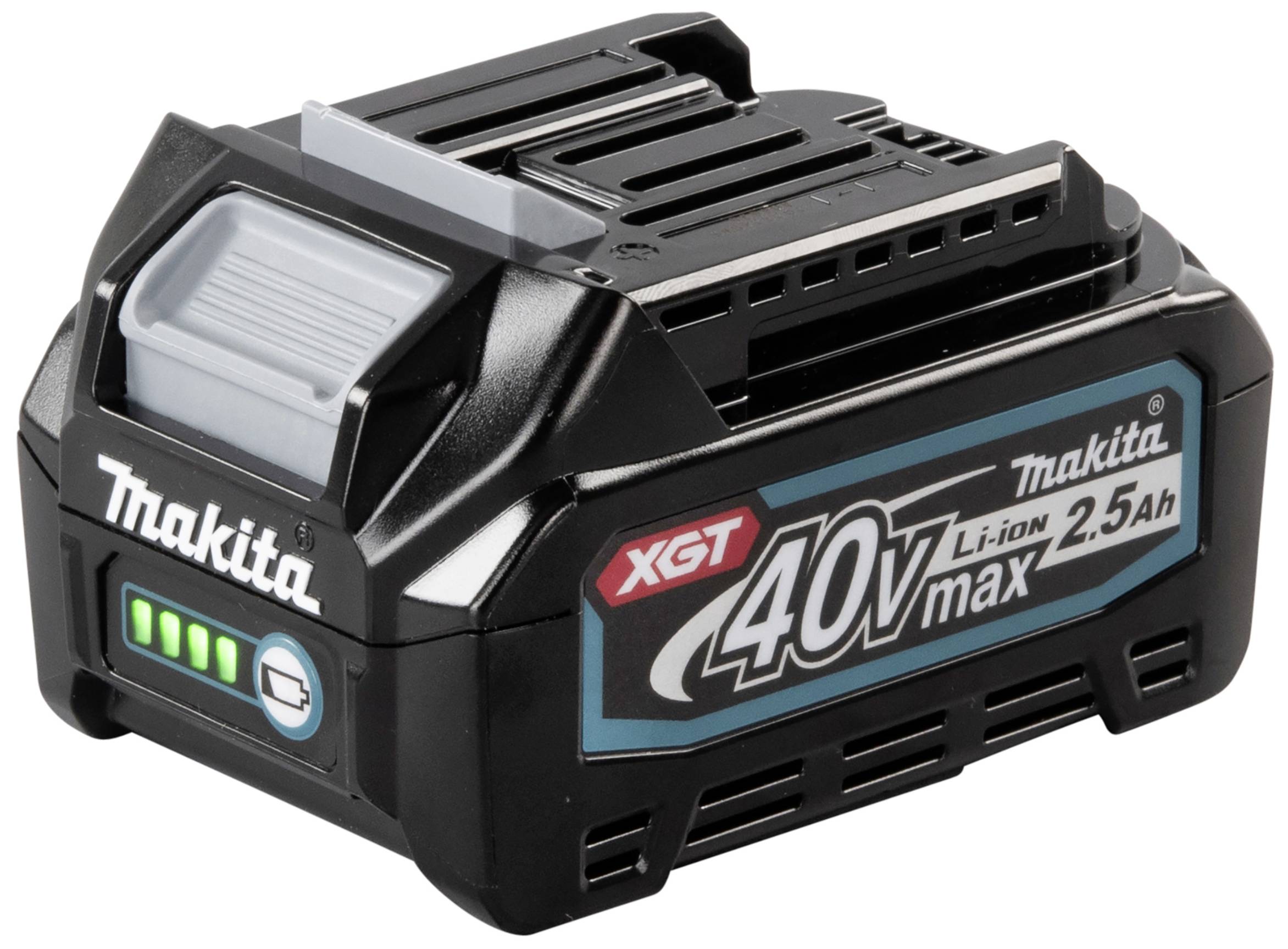 Makita 40V Max 2,5Ah Batteria agli ioni di litio, mostra lo stato di carica con spie verdi.