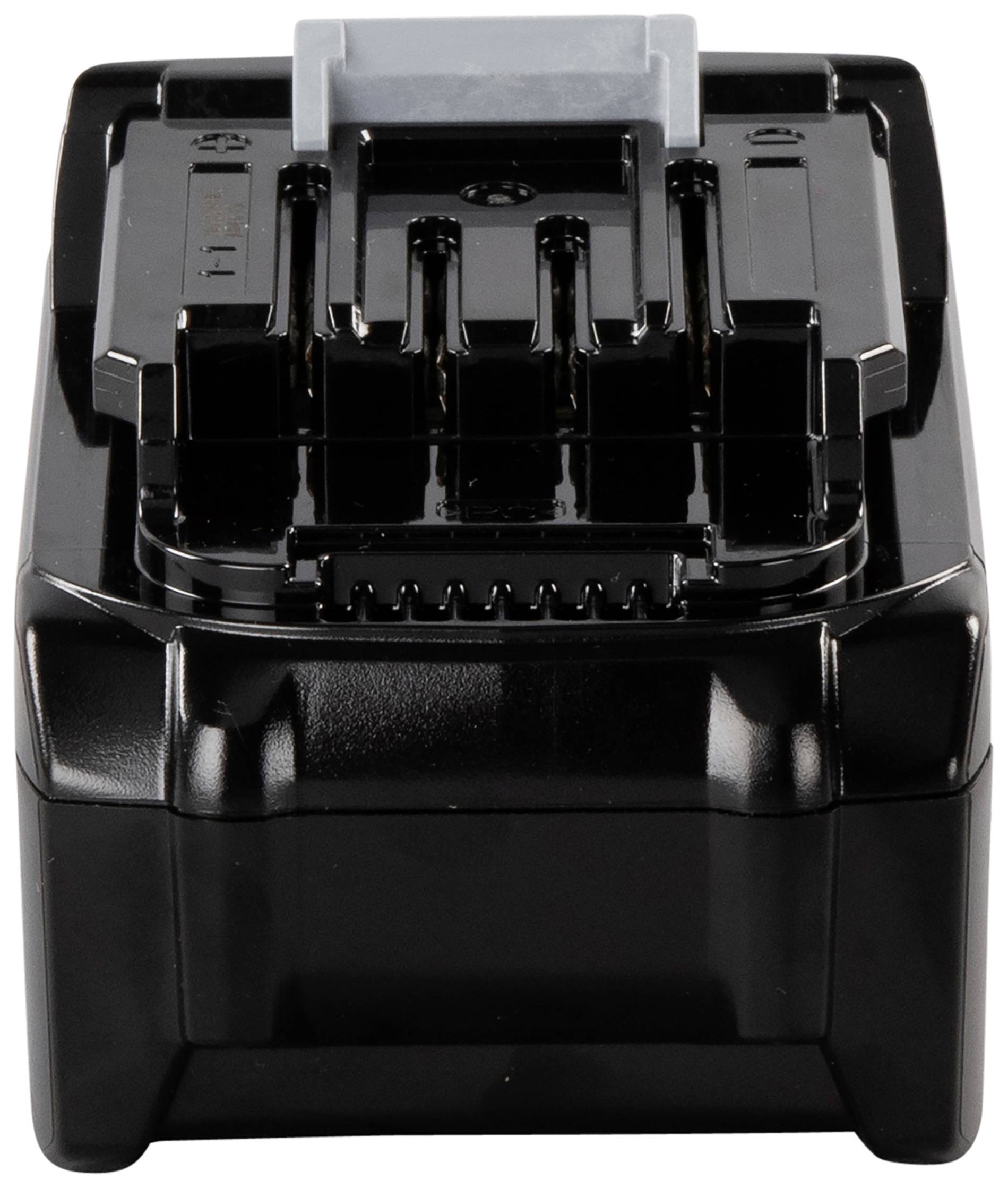 Batteria ricaricabile nera con contatti superiori e una parte in plastica trasparente.