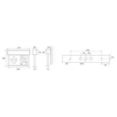 Disegno tecnico di un cartello di uscita di emergenza con freccia rivolta verso il basso e figura umana in movimento. Sono rappresentate le misure e i dettagli di fissaggio.