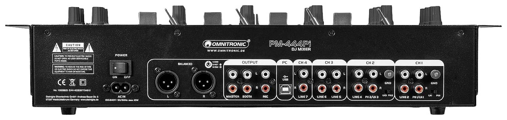 Retro di un mixer audio con vari ingressi e controlli. Il nome del marchio 'Omnitronic' e il modello 'PM-4444' sono visibili.