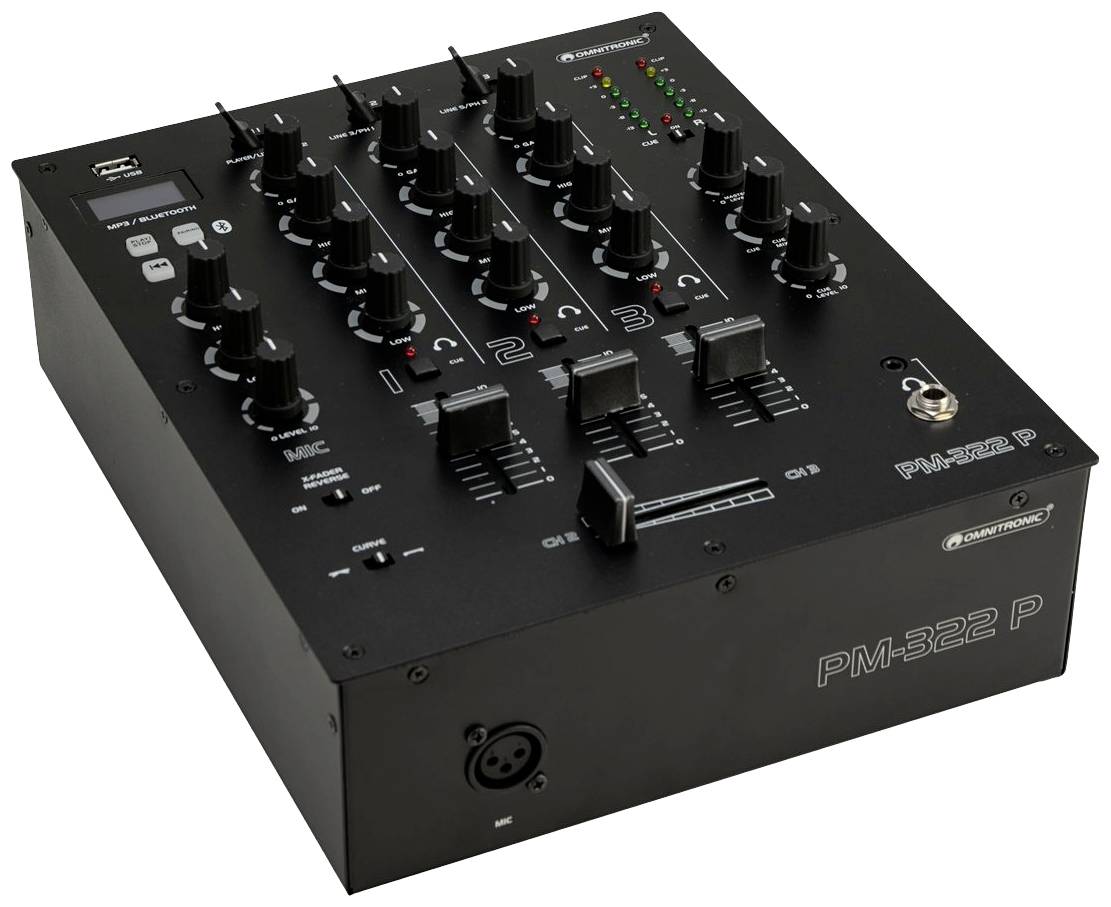 'Mixer audio nero con diversi potenziometri rotanti, fader e una porta USB. Contrassegnato con 'PM-322 P'.'