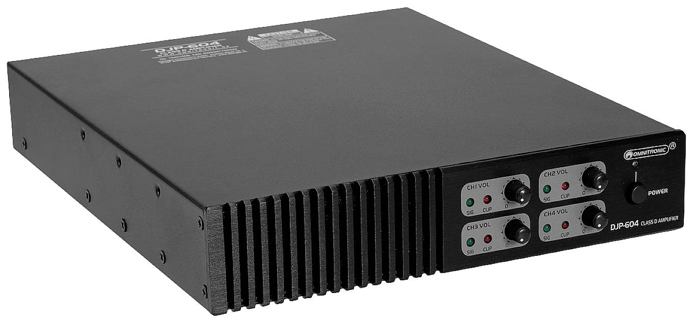 Amplificatore audio nero con quattro controlli del volume e spie luminose sul pannello frontale.