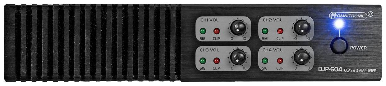 Amplificatore nero con quattro regolatori di volume per i canali CH1 fino a CH4, ciascuno con LED di clip e segnale. Pulsante di accensione con luce blu. Modello: DJP-604.