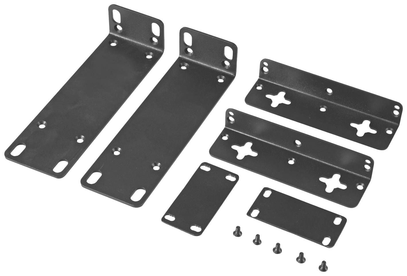 Angoli metallici e viti, probabilmente per il montaggio di dispositivi o mobili. Sono visibili diversi fori.