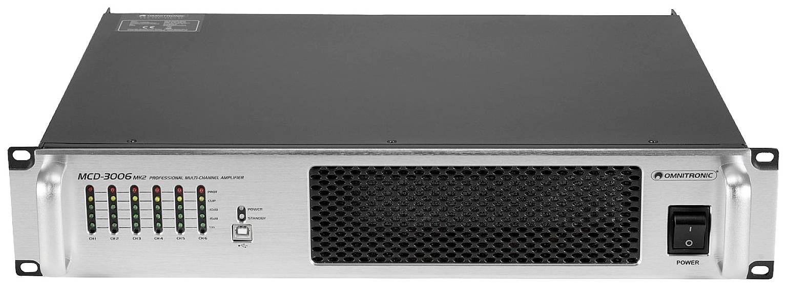 Un amplificatore argentato con griglia di ventilazione nera, diversi indicatori LED a sinistra e un interruttore di accensione sul lato destro anteriore.