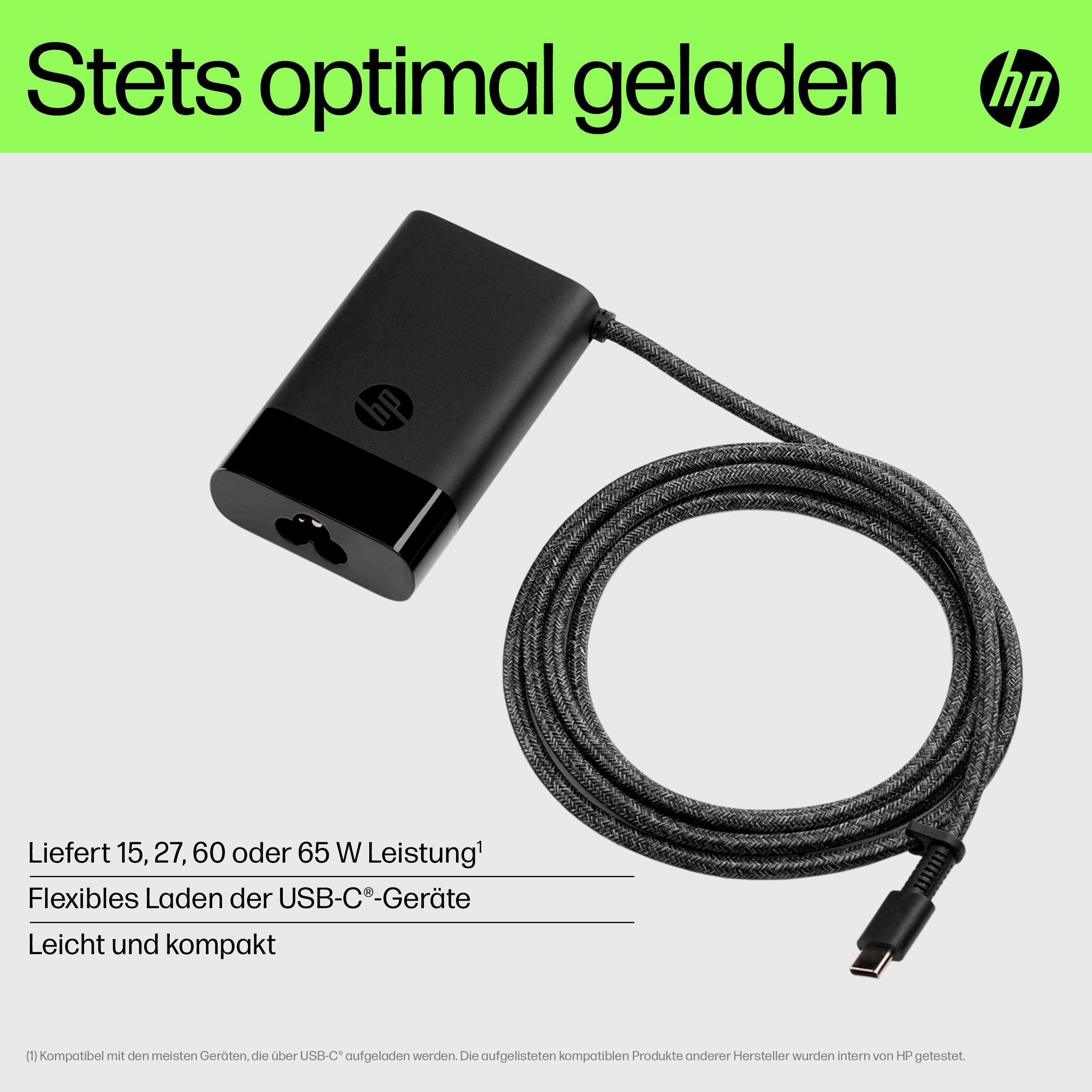 Un caricabatterie nero HP USB-C con testo: 'Sempre carico ottimalmente'. Eroga 15, 27, 60 o 65 W di potenza. Leggero e compatto.