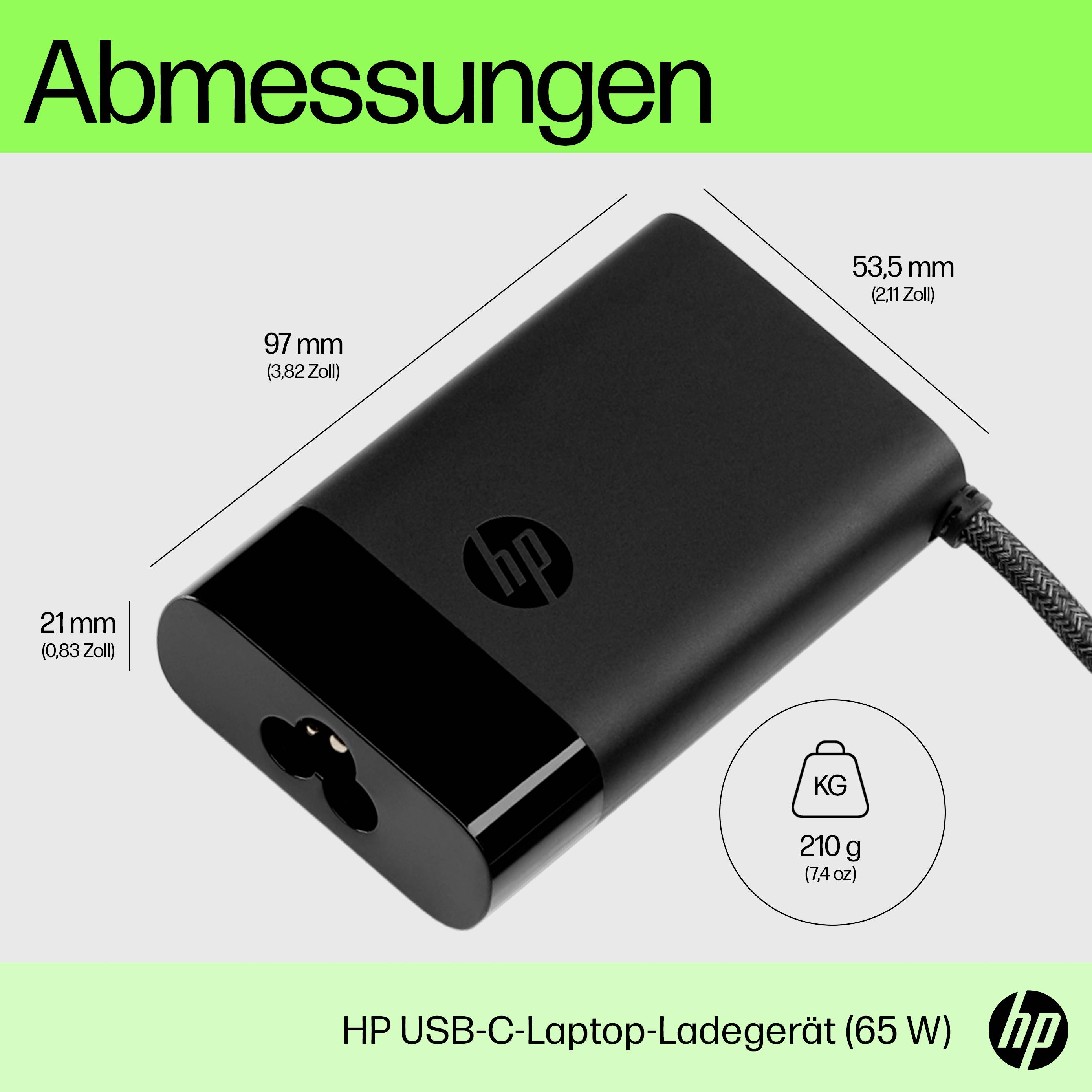Un caricabatterie nero HP USB-C per laptop (65 W) con dimensioni 97 mm x 53,5 mm x 21 mm e un peso di 210 g.