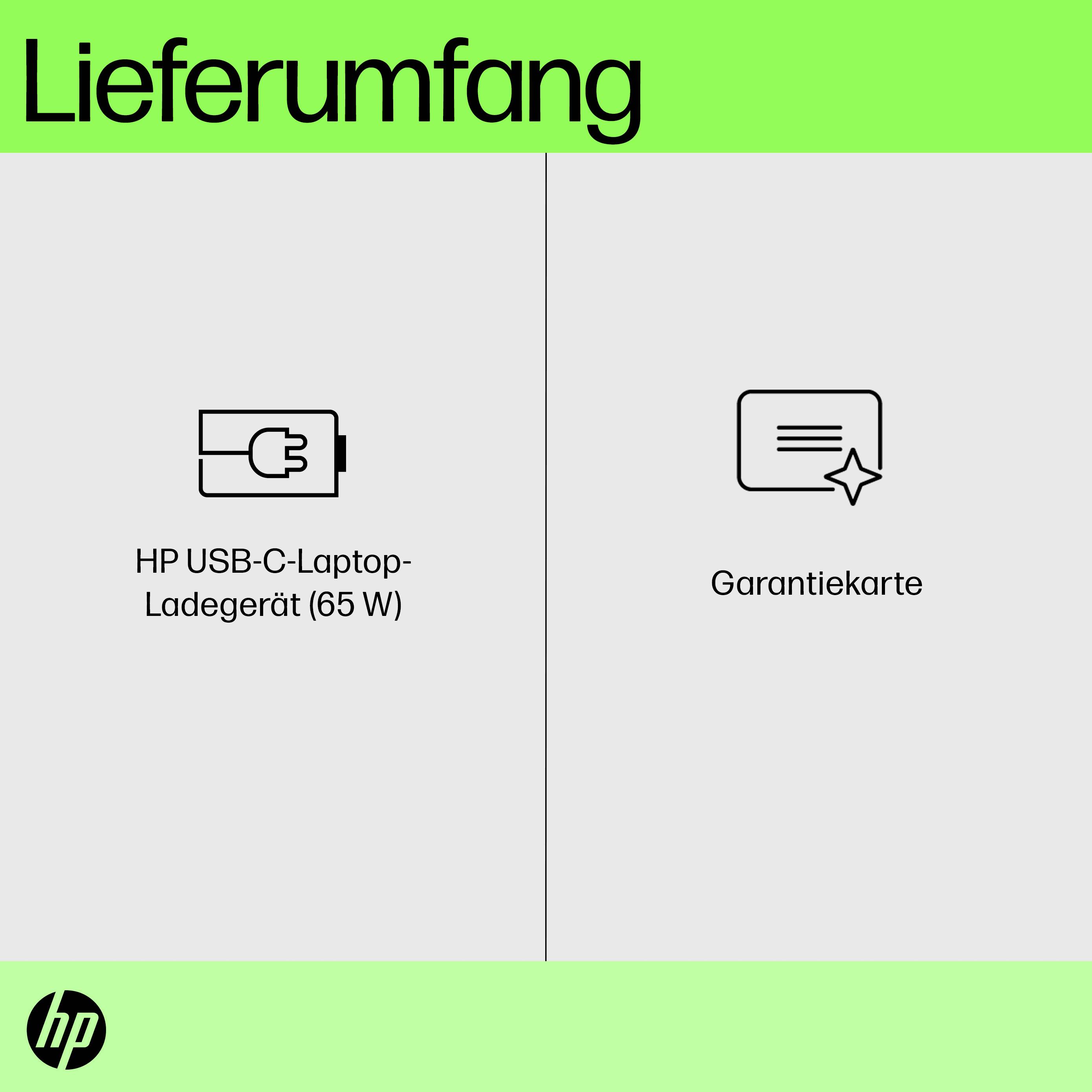 'Contenuto della confezione: caricabatterie per laptop HP USB-C (65 W) e scheda di garanzia'.