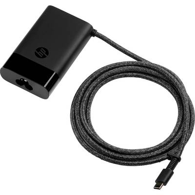 Caricabatterie nero per laptop con cavo USB-C rivestito in tessuto su sfondo bianco.