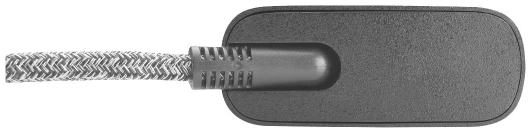 Caricabatterie con cavo intrecciato, spina rettangolare in plastica, colore nero, per dispositivi elettronici.