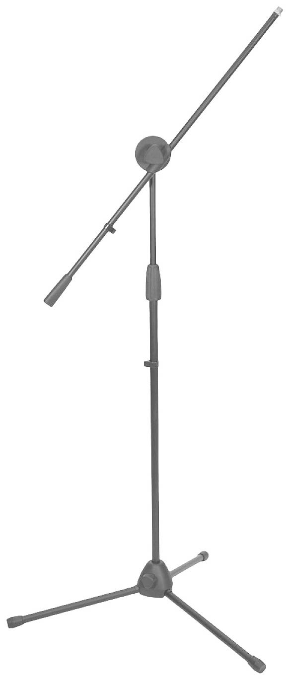 Supporto per microfono con bracci regolabili e base a tre piedi, adatto per uso scenico o in studio.
