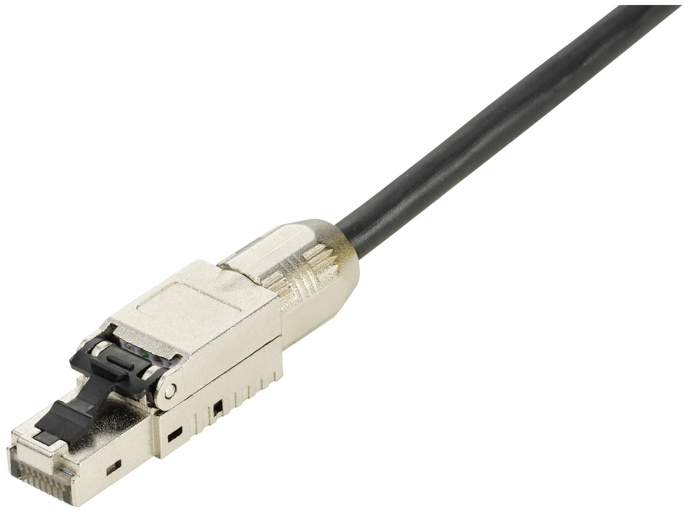 Un cavo con connettore RJ45 argentato, utilizzato nelle reti informatiche per connessioni Ethernet.