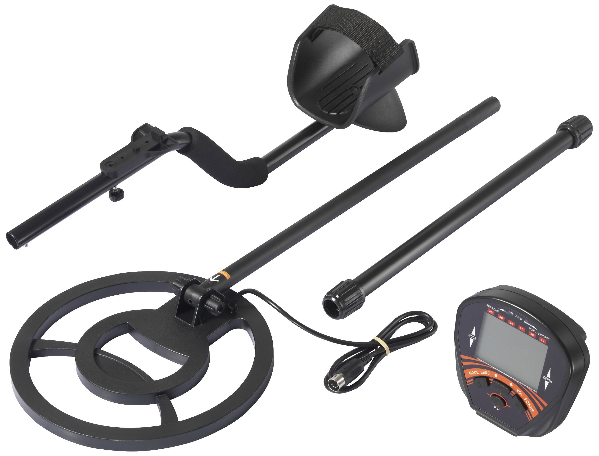 Metal detector in componenti: bobina di ricerca, asta, unità elettronica con cavo e cinturino da braccio, per ricerca di tesori e rilevamento.